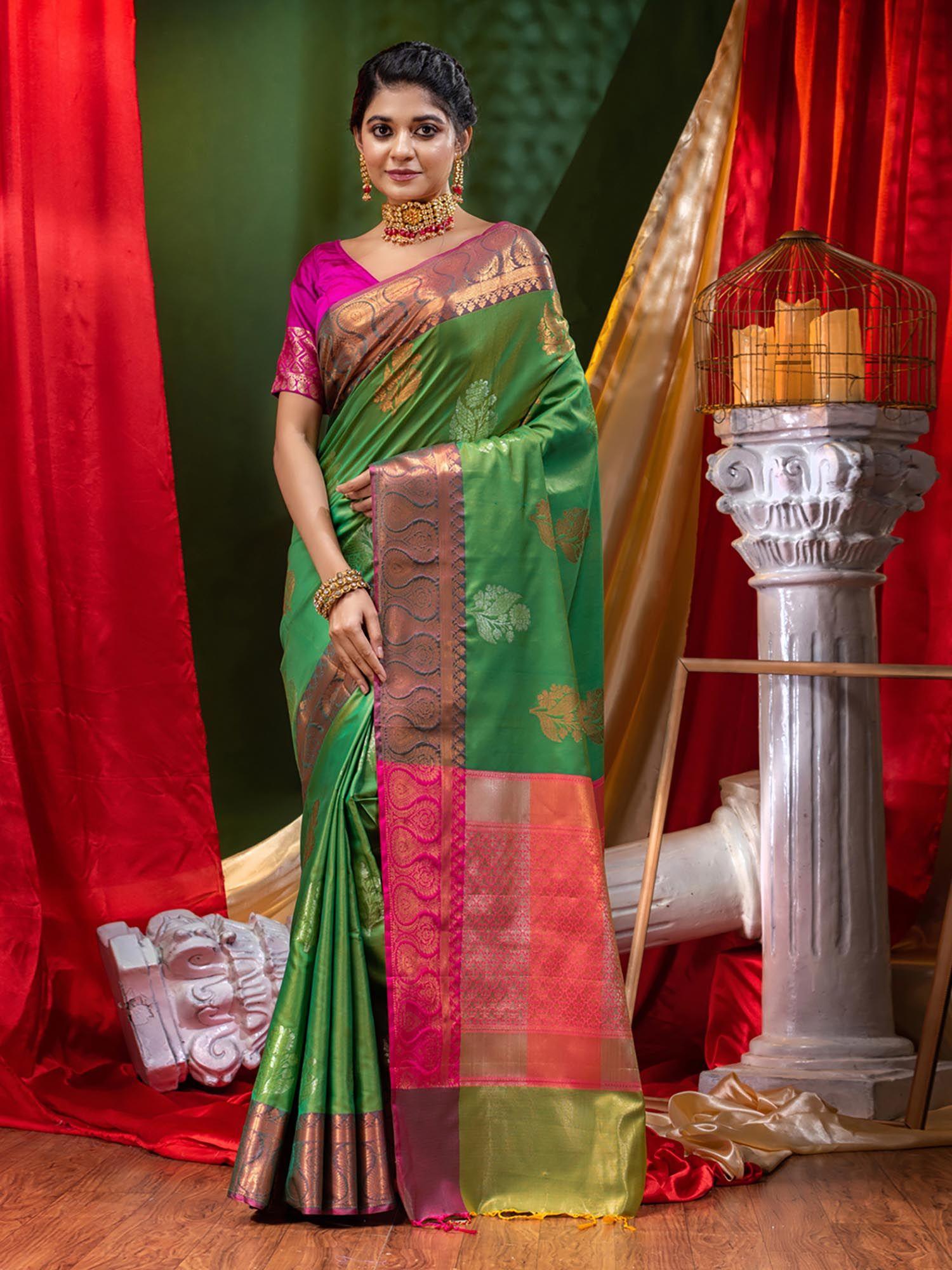 banaras silky green saree with antique buta with unstitched blouse