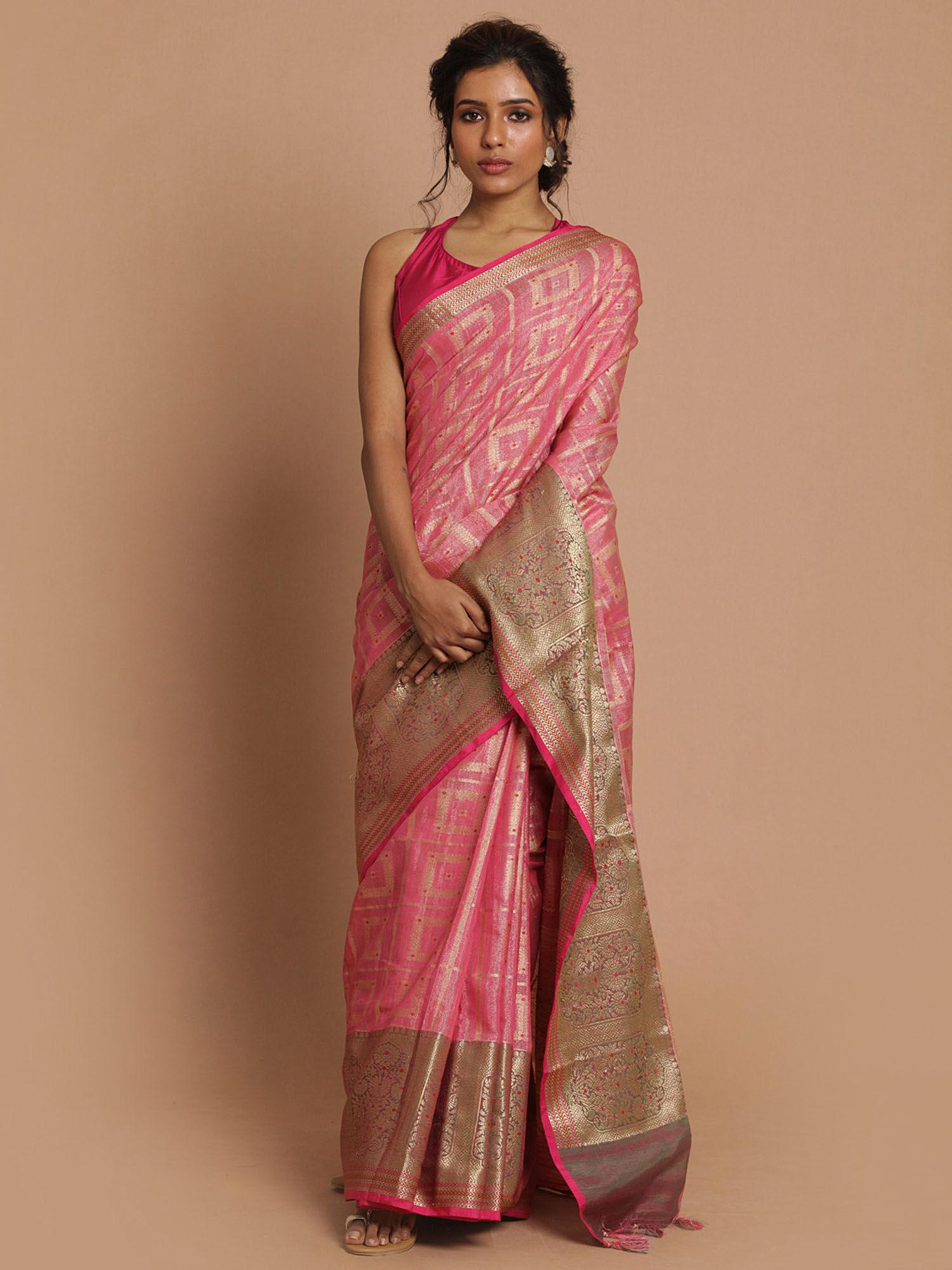 banarasi fuchsia woven design festive wear saree with unstitched blouse