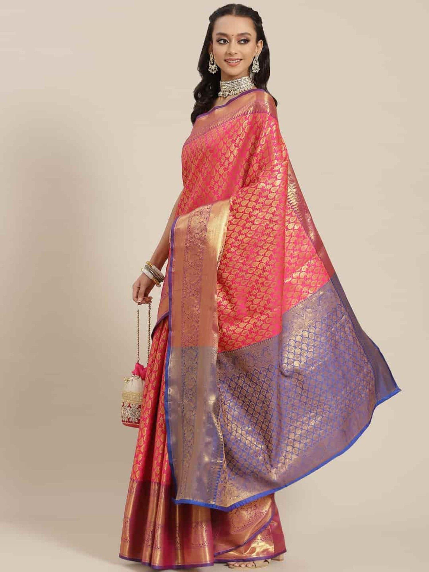 banarasi art silk saree with unstitched blouse piece pink & gold with unstitched