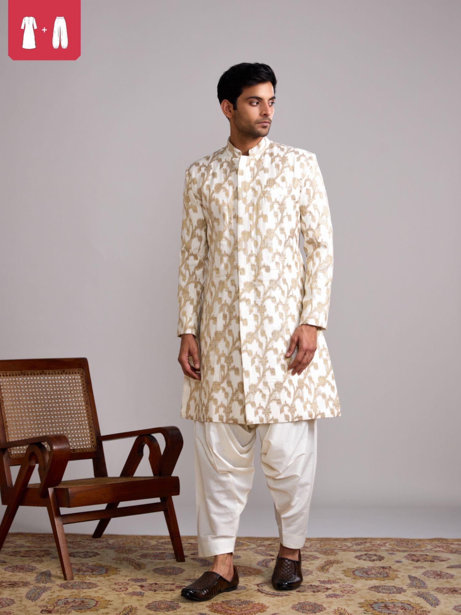 banarasi baswada mandarin collar kurta paired with salwar- ivory (set of 2)