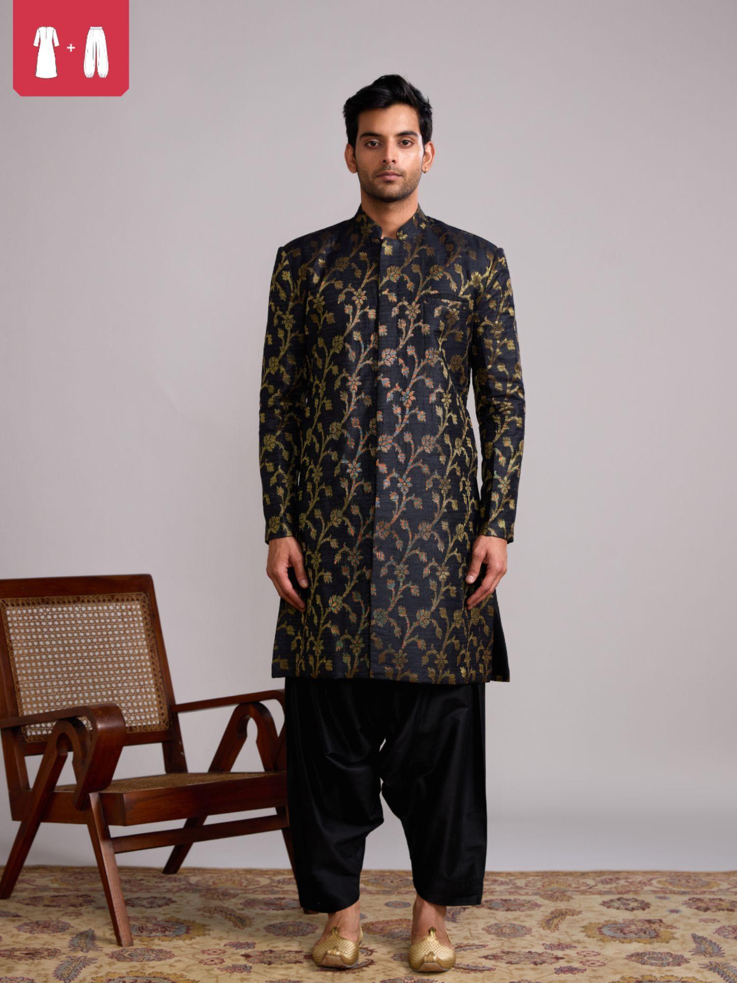 banarasi baswada mandarin collar kurta paired with salwar- rich black (set of 2)