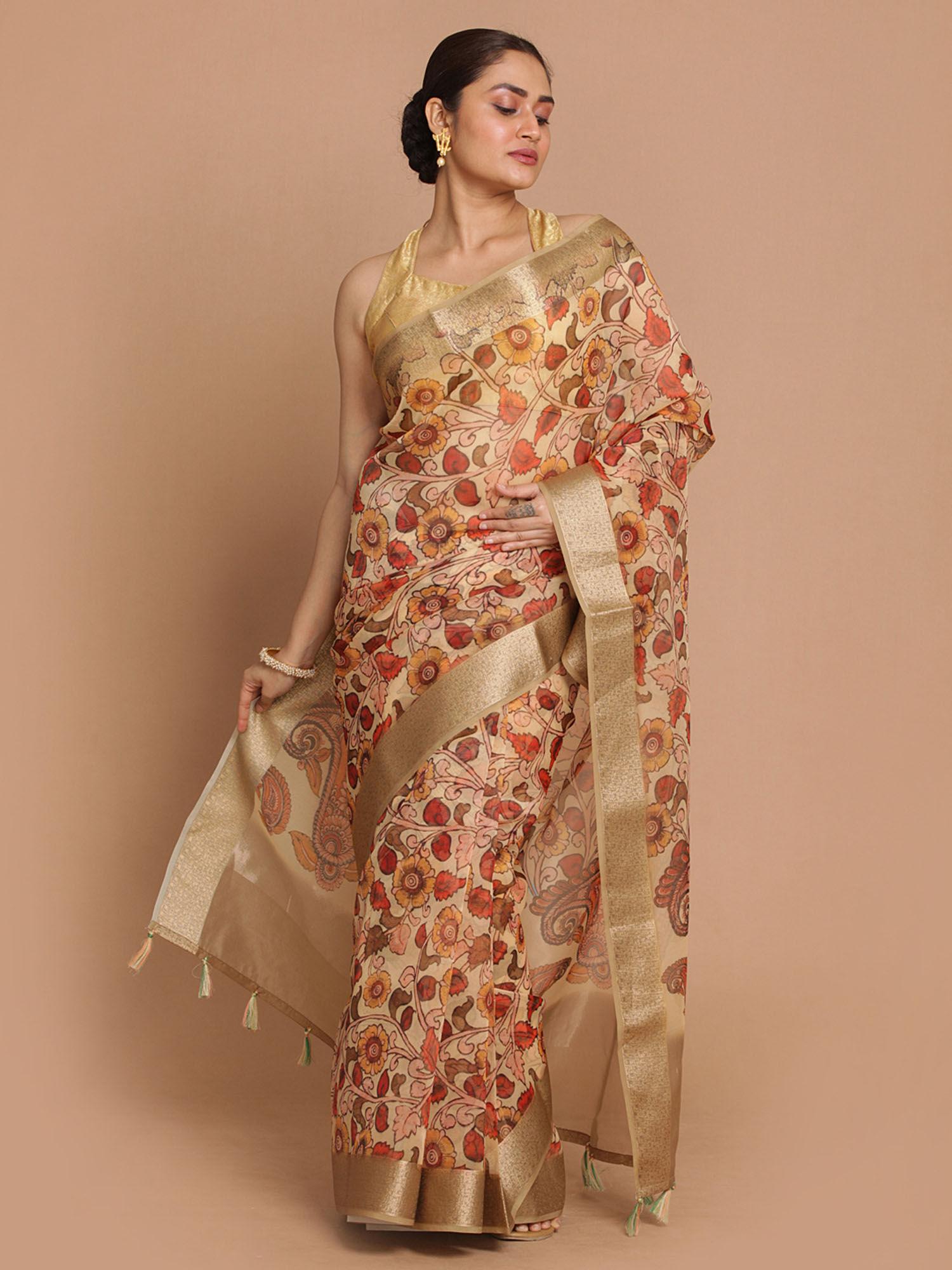 banarasi beige printed party wear saree with unstitched blouse