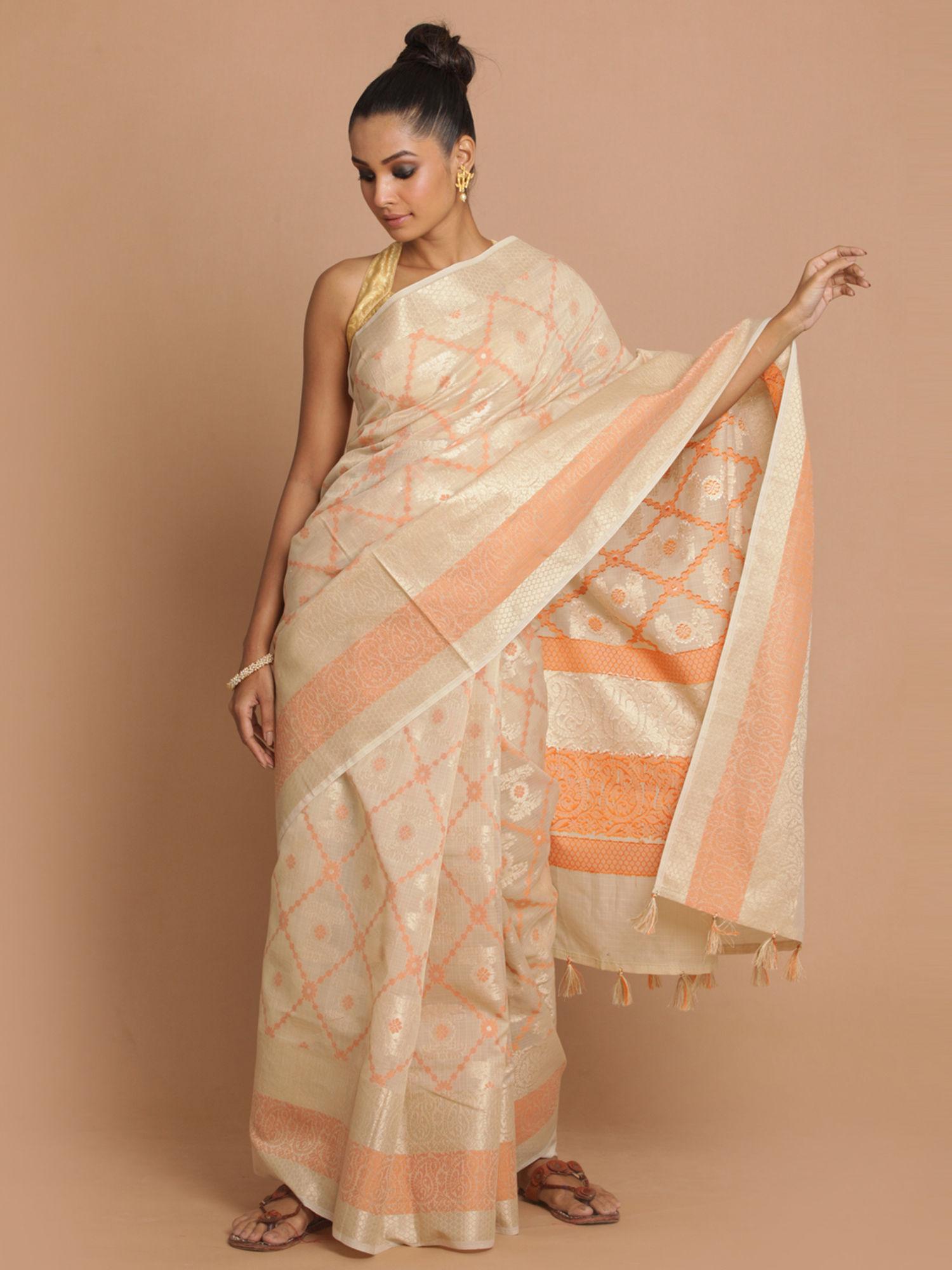 banarasi beige woven design daily wear saree with unstitched blouse