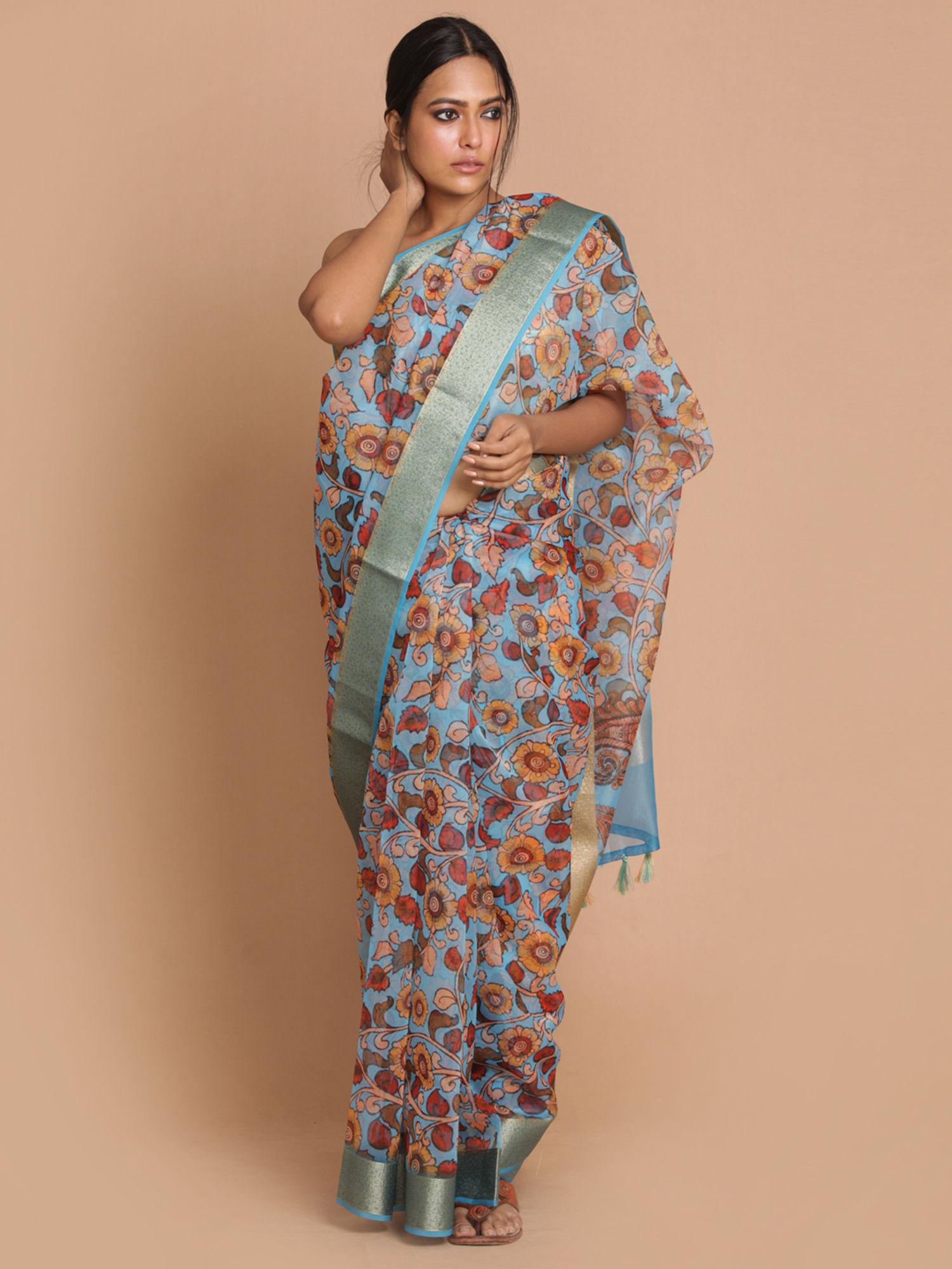 banarasi blue printed party wear saree with unstitched blouse