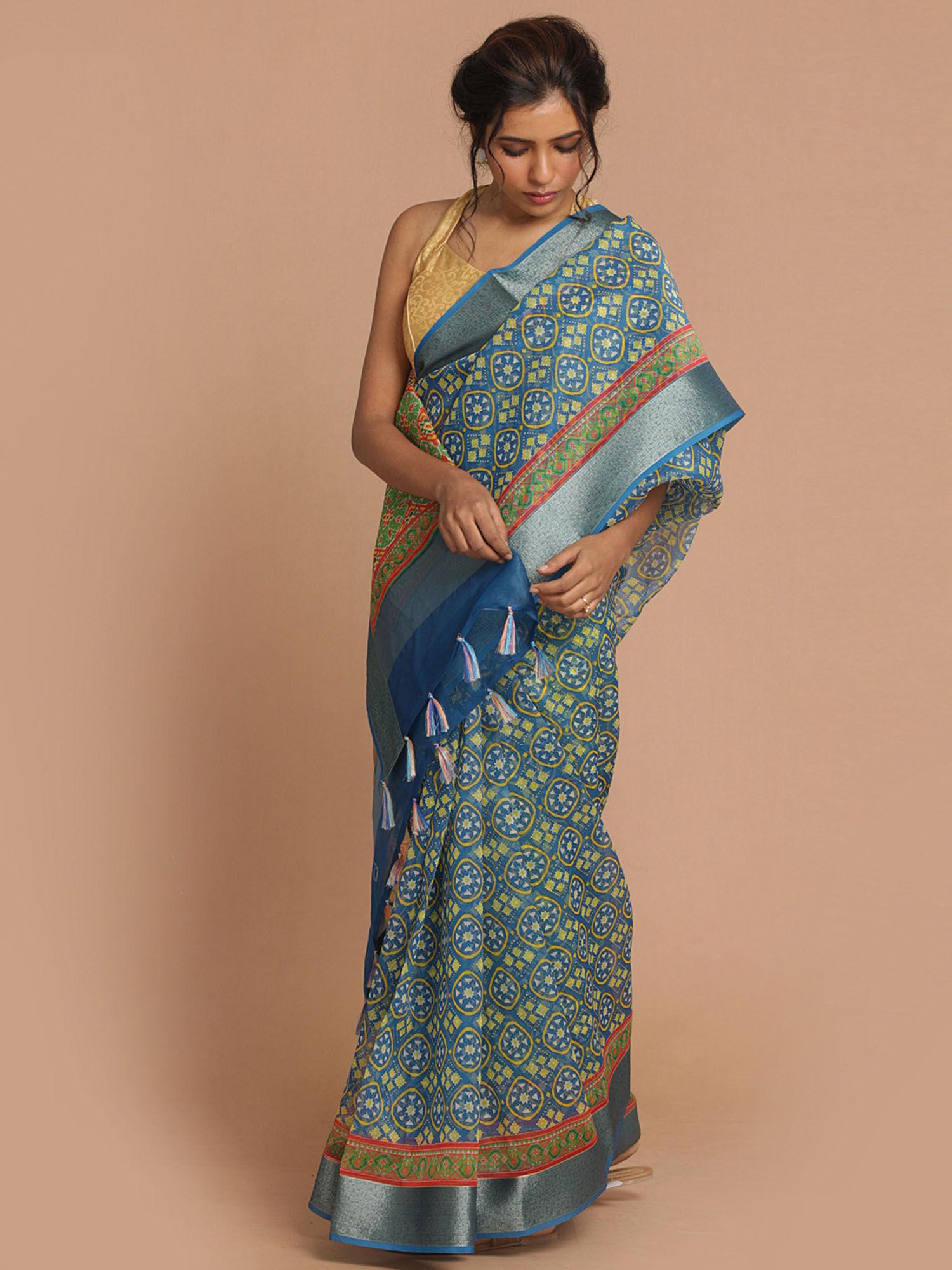 banarasi blue printed party wear saree with unstitched blouse