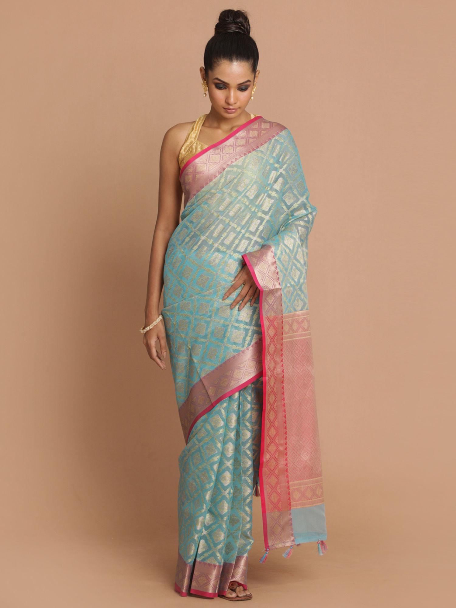 banarasi blue woven design festive wear saree with unstitched blouse