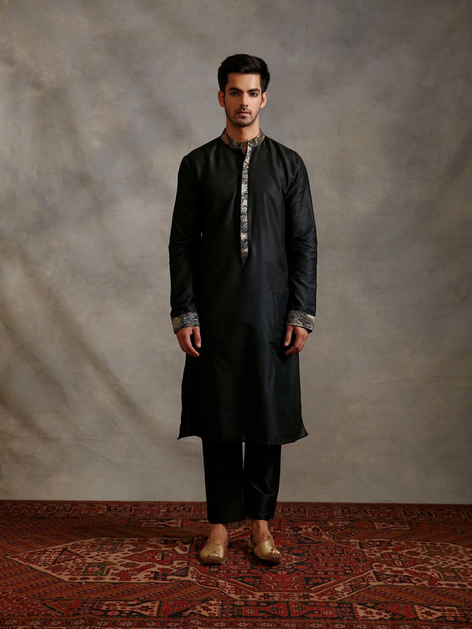 banarasi collared kurta with zari placket and afghani pants metallic black (set of 2)