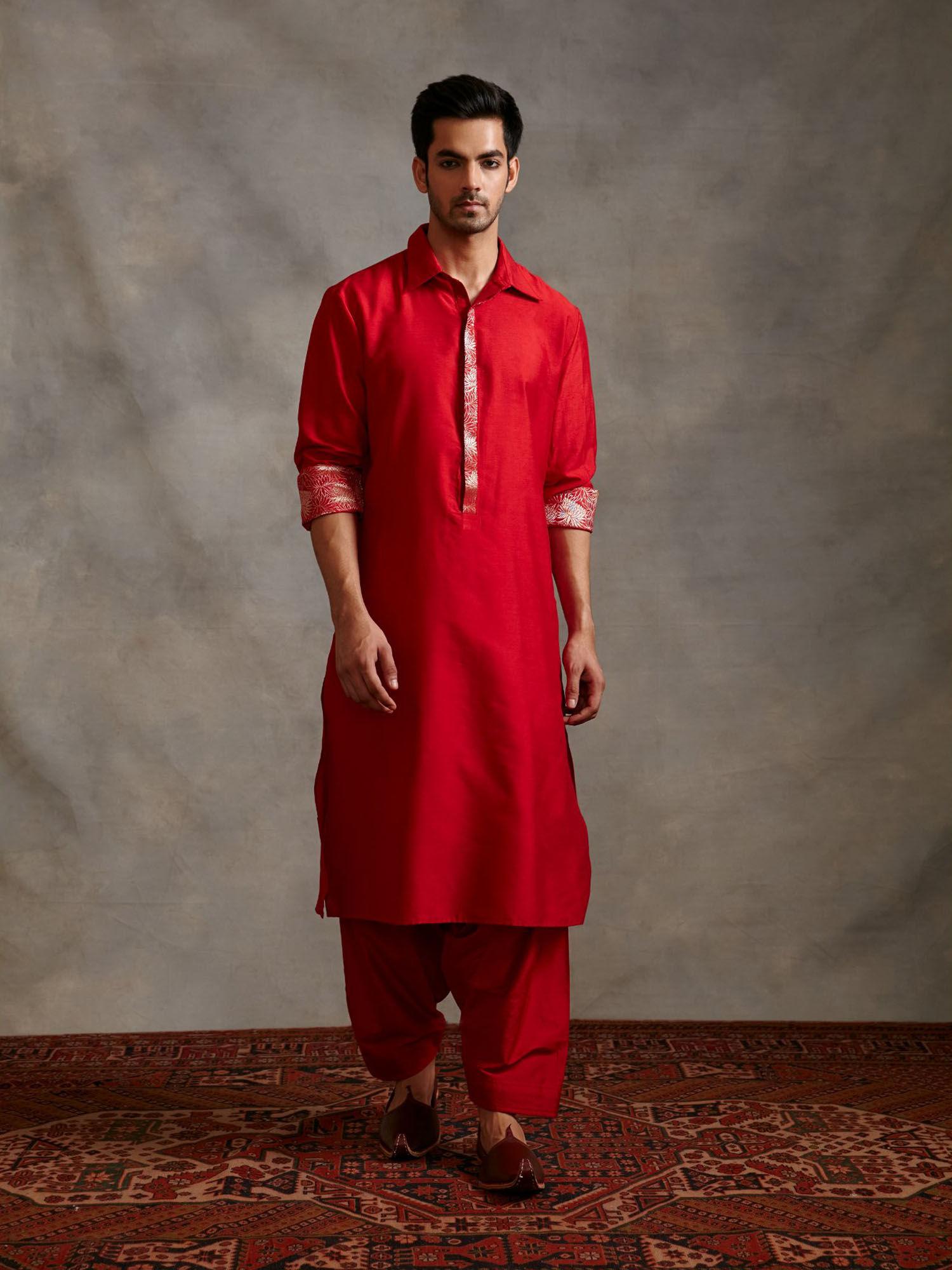 banarasi collared kurta with zari placket and afghani pants scarlet red (set of 2)