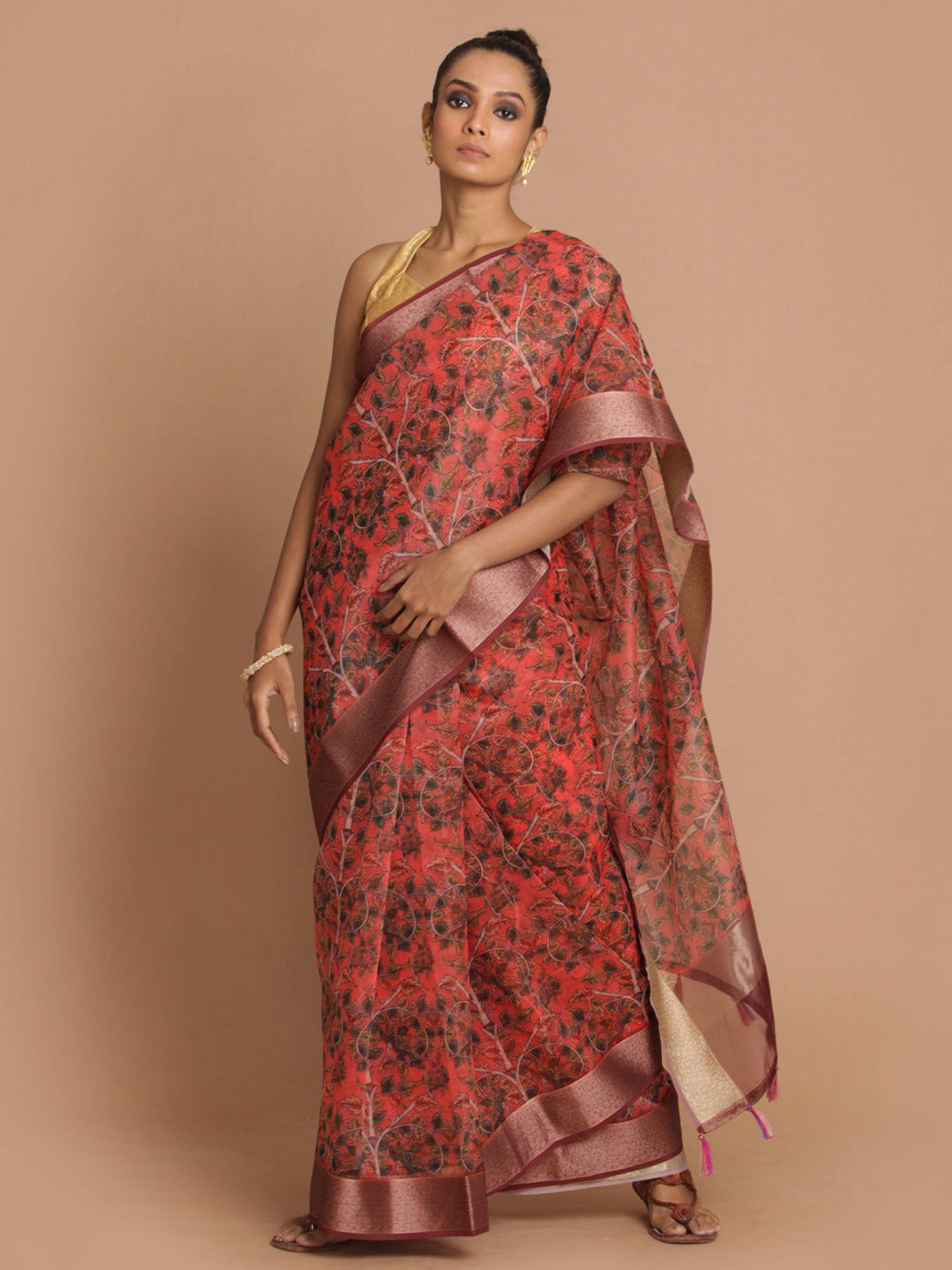 banarasi coral printed party wear saree with unstitched blouse