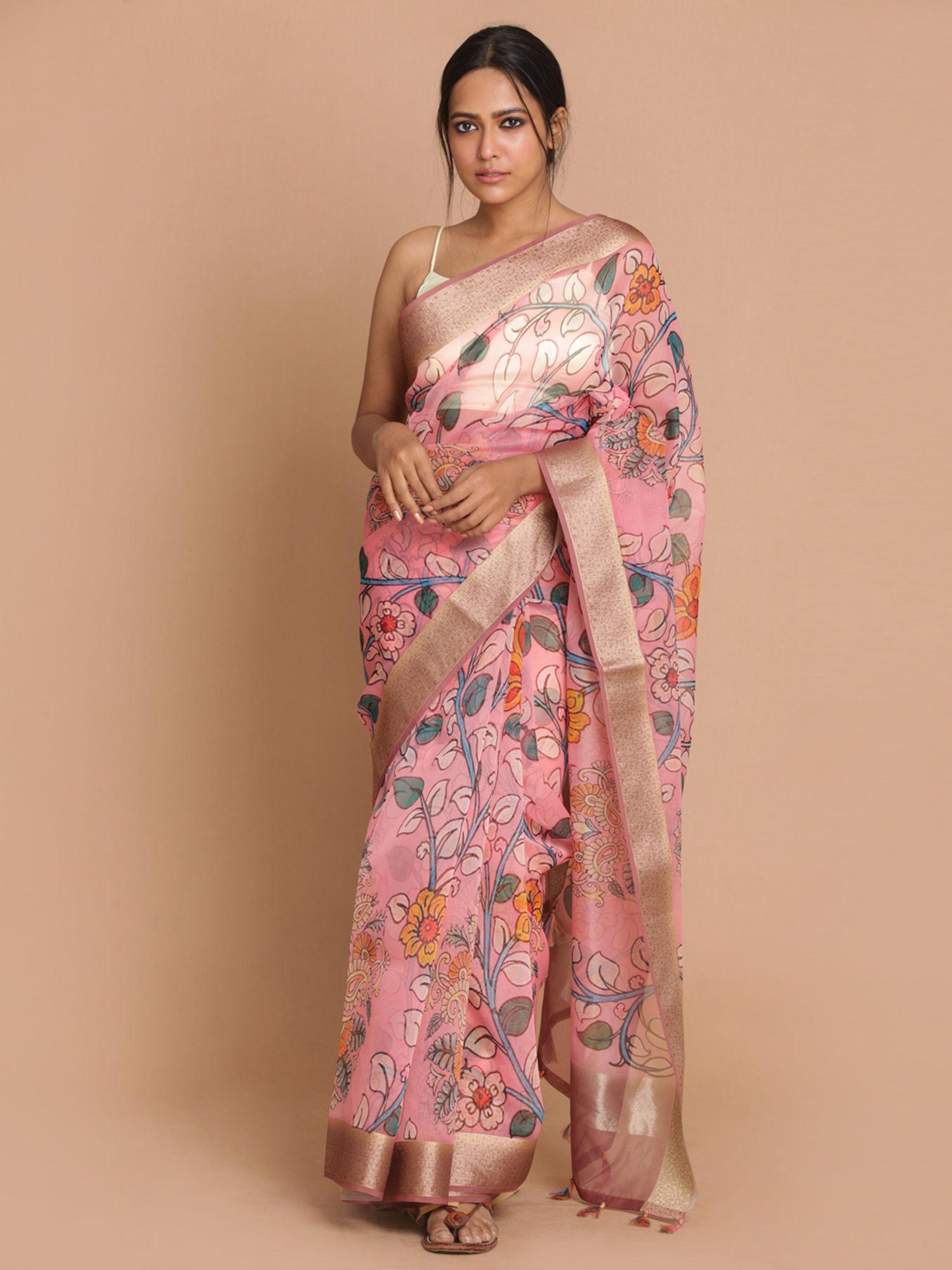 banarasi coral printed party wear saree with unstitched blouse