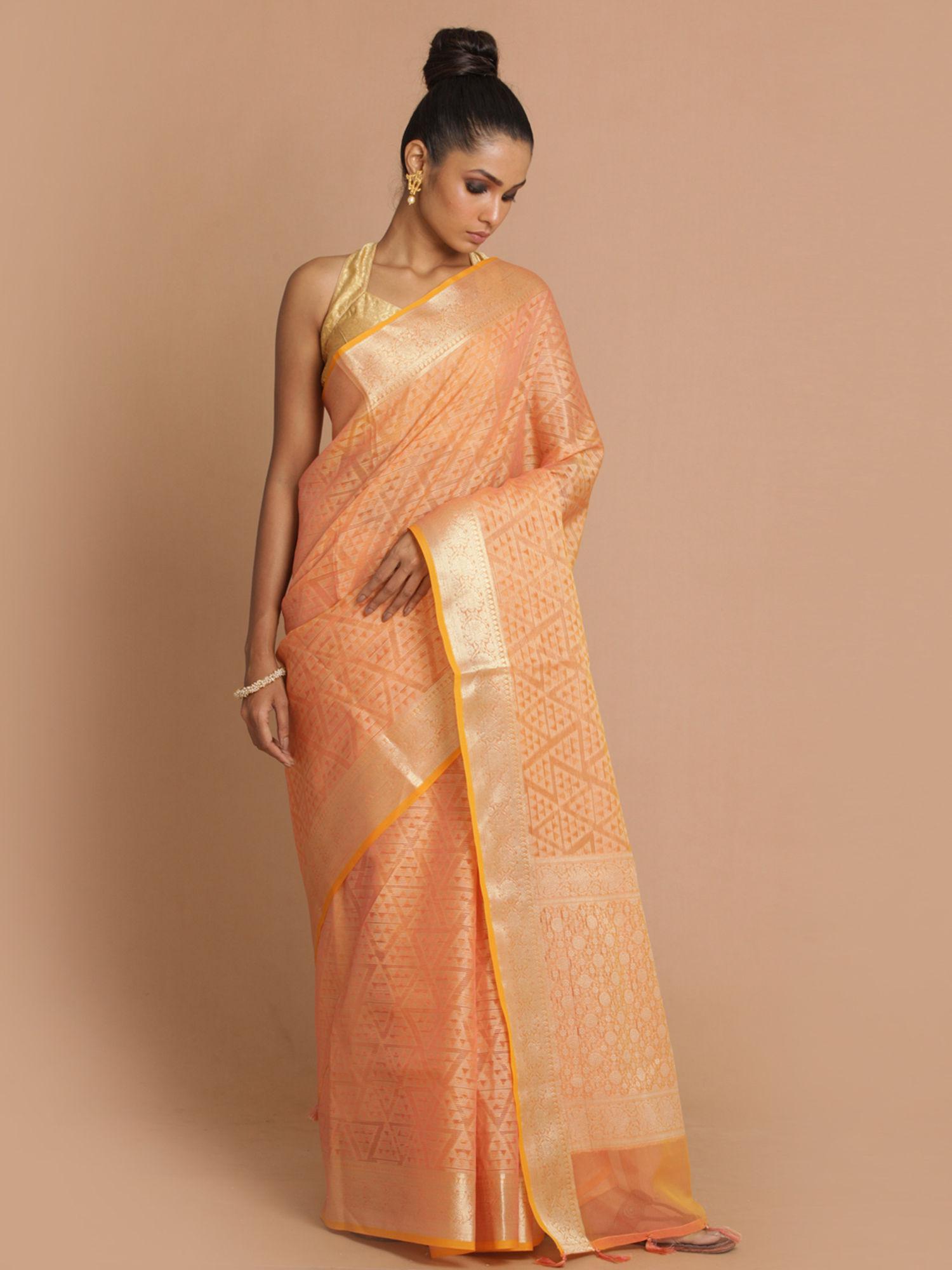 banarasi coral woven design daily wear saree with unstitched blouse