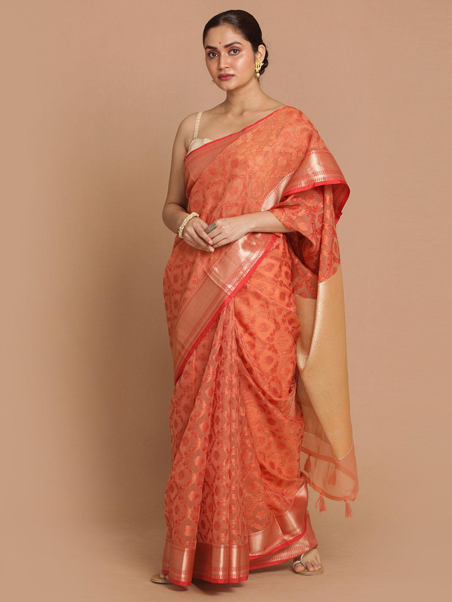 banarasi coral woven design party wear saree with unstitched blouse