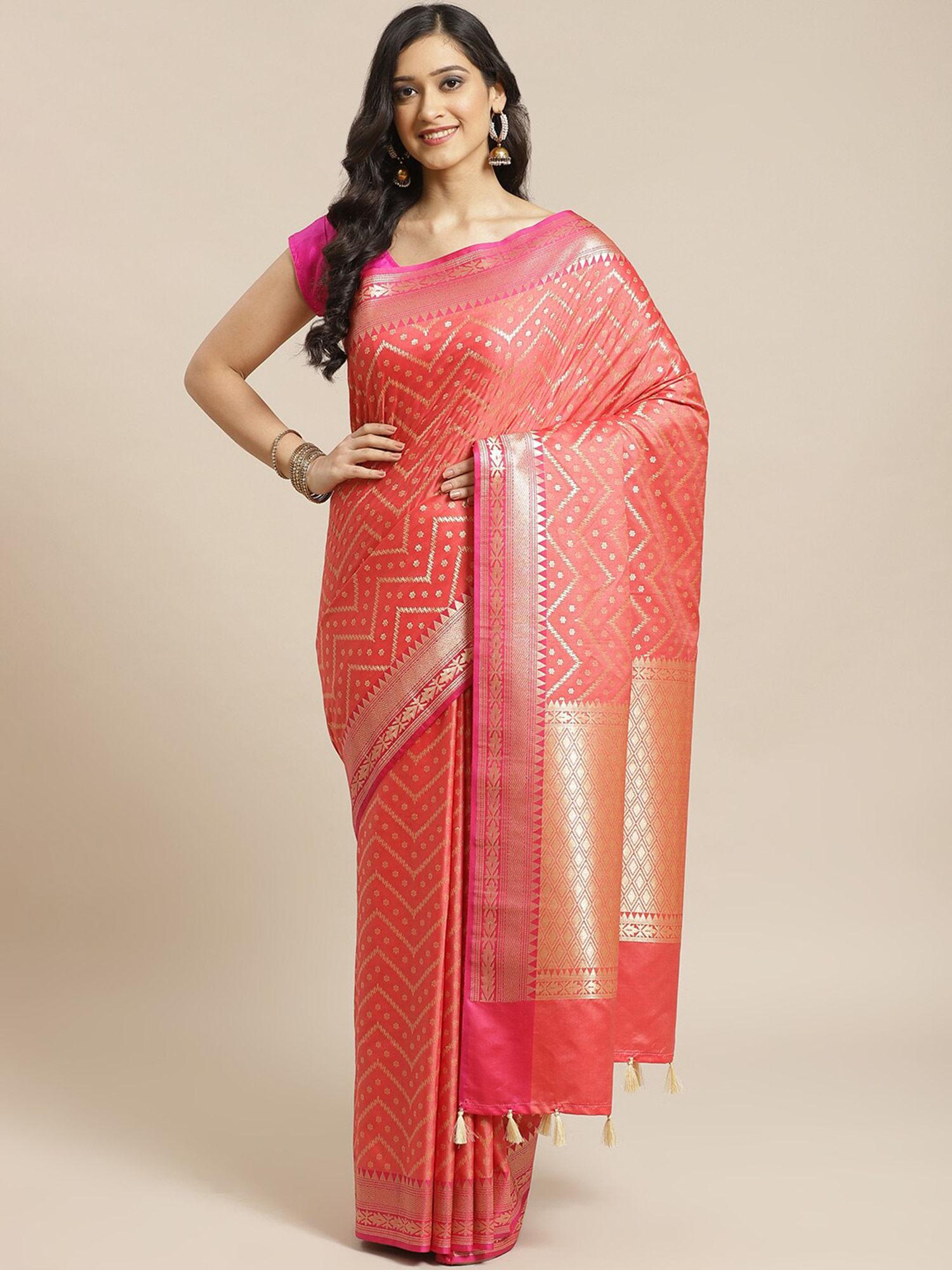 banarasi coral woven design party wear saree with unstitched blouse