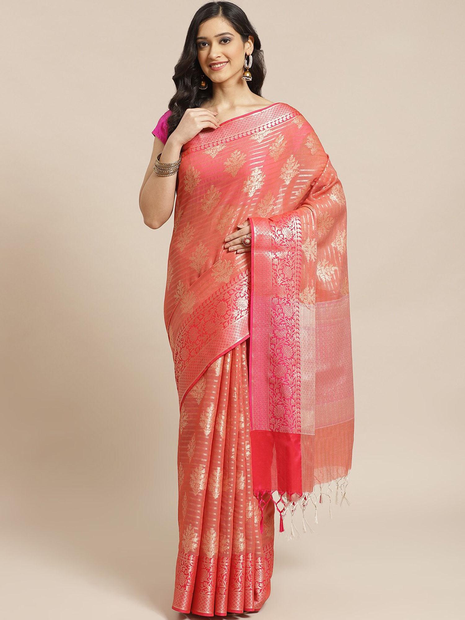 banarasi coral woven design work wear saree with unstitched blouse