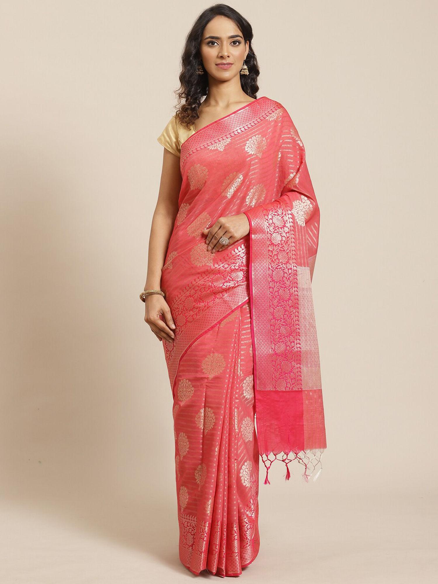 banarasi coral woven design work wear saree with unstitched blouse