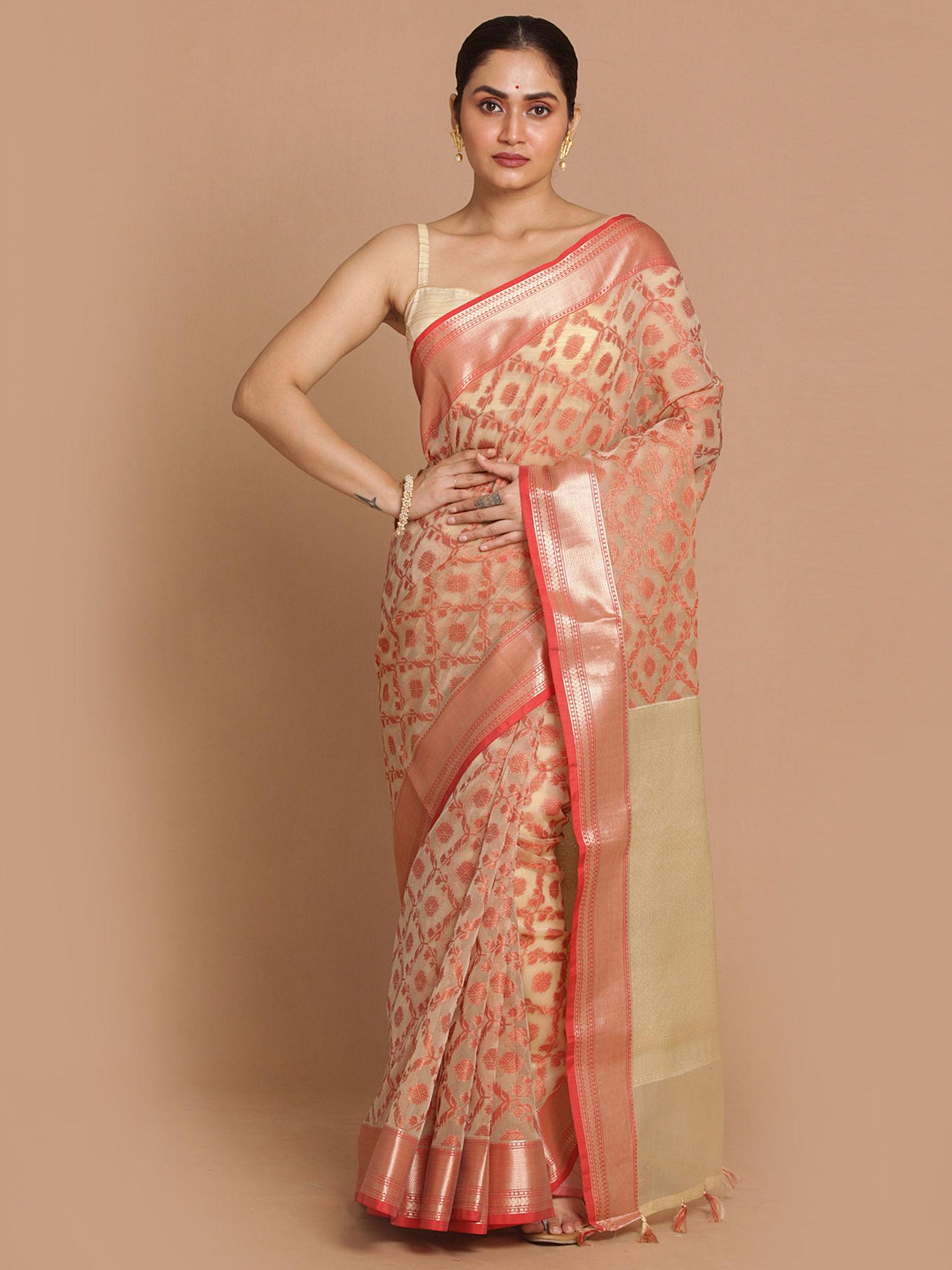 banarasi cream woven design party wear saree with unstitched blouse