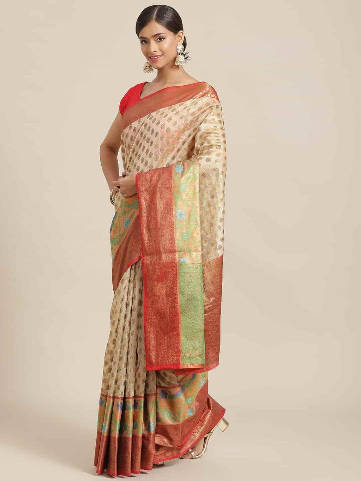 banarasi designer art silk saree with unstiched blouse piece beige with unstitched