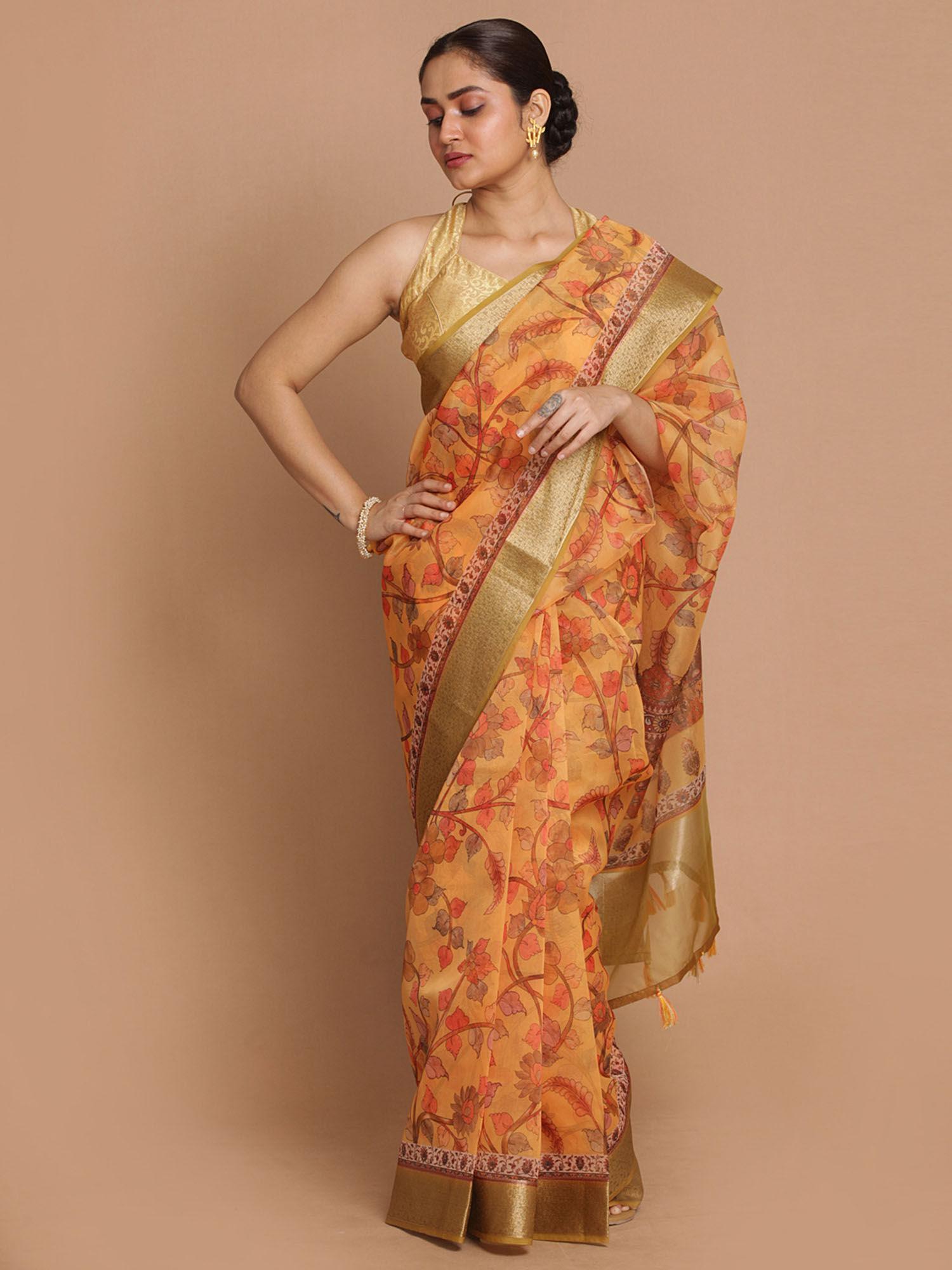 banarasi gold printed party wear saree with unstitched blouse