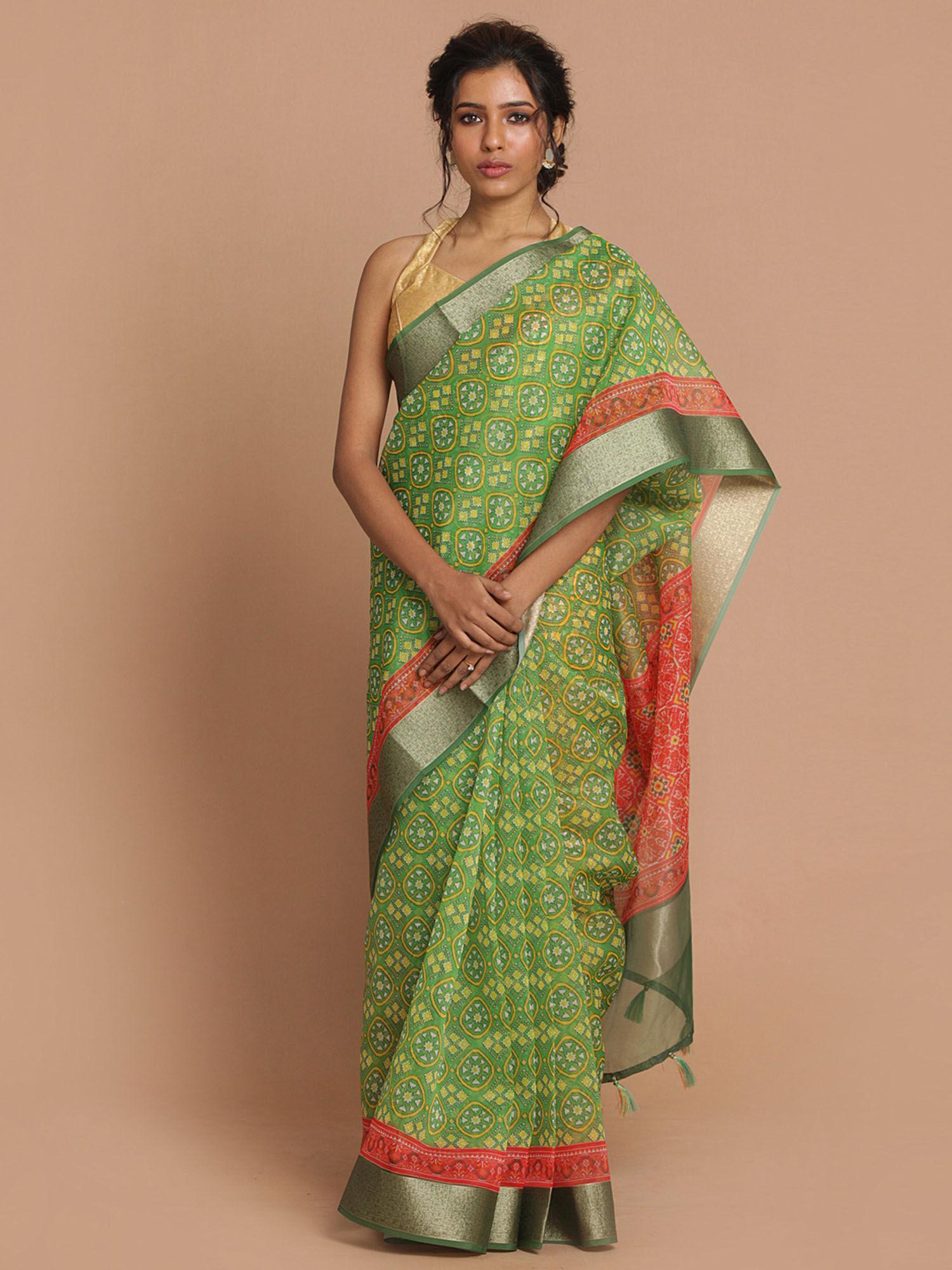 banarasi green printed party wear saree with unstitched blouse