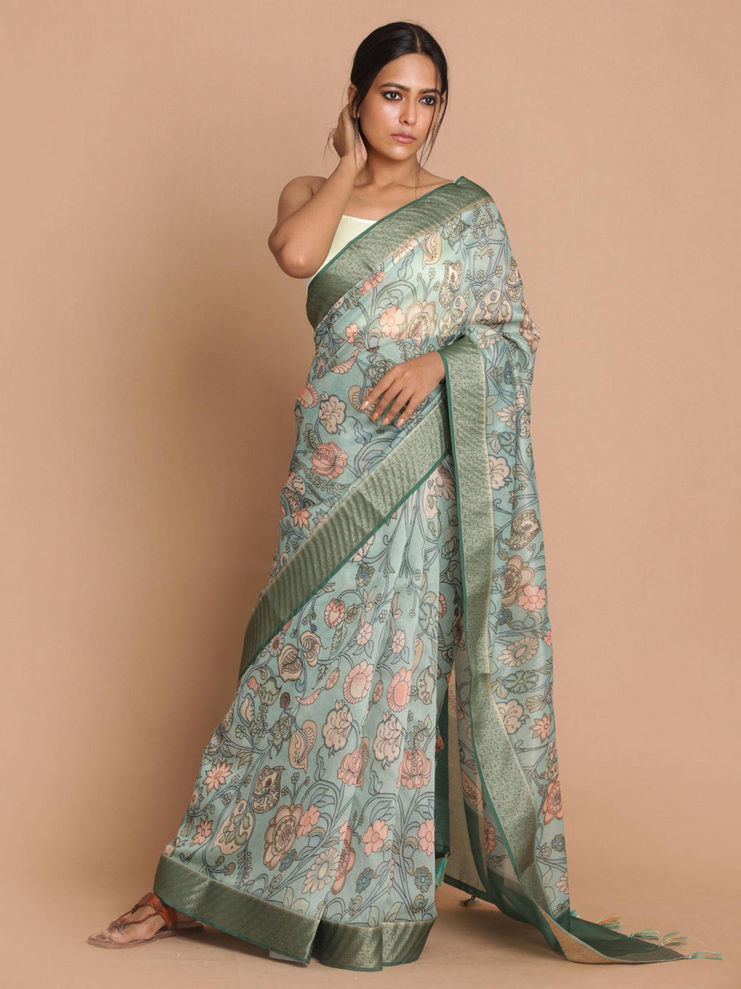 banarasi green printed party wear saree with unstitched blouse