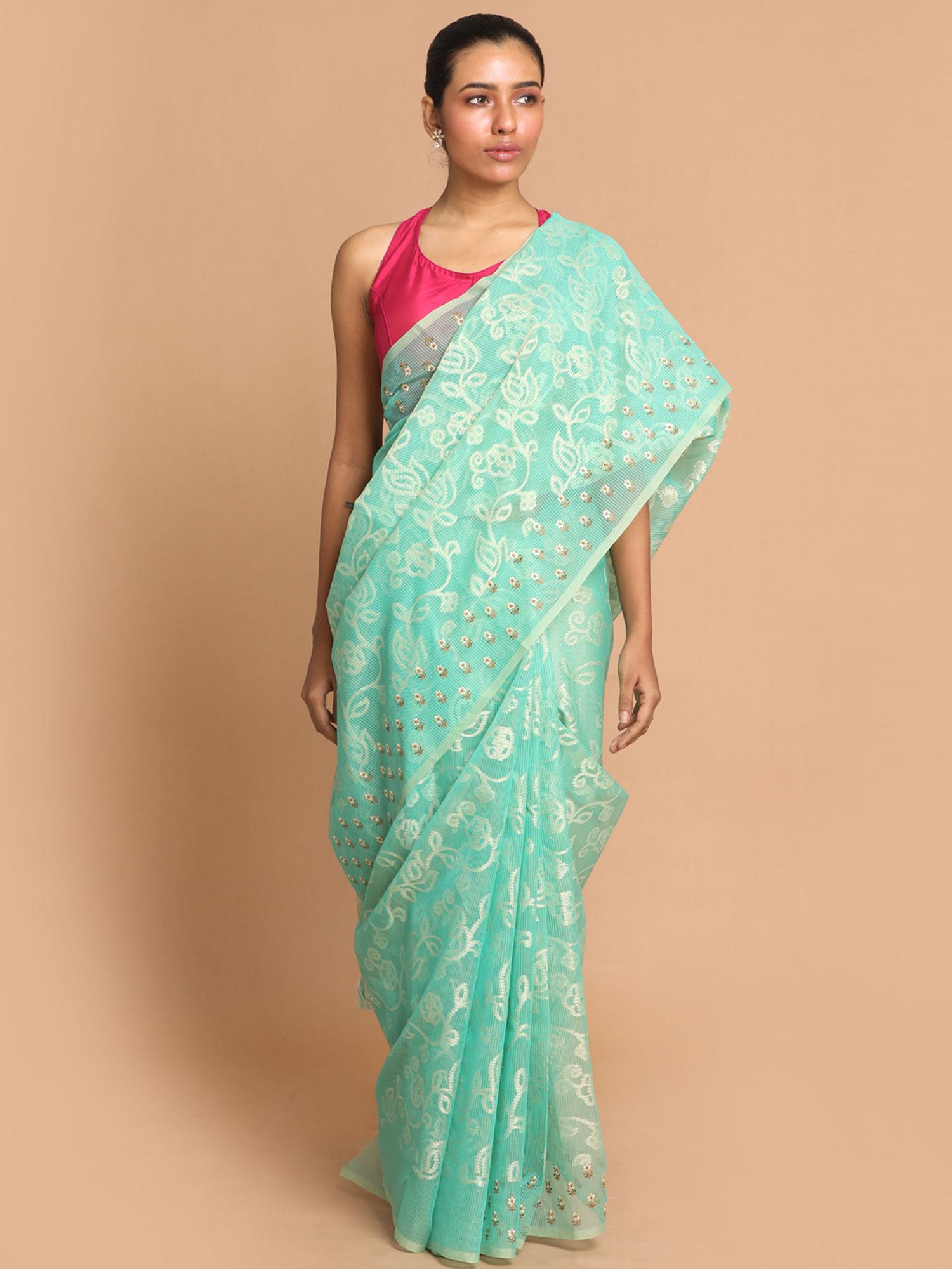 banarasi green woven design daily wear saree with unstitched blouse