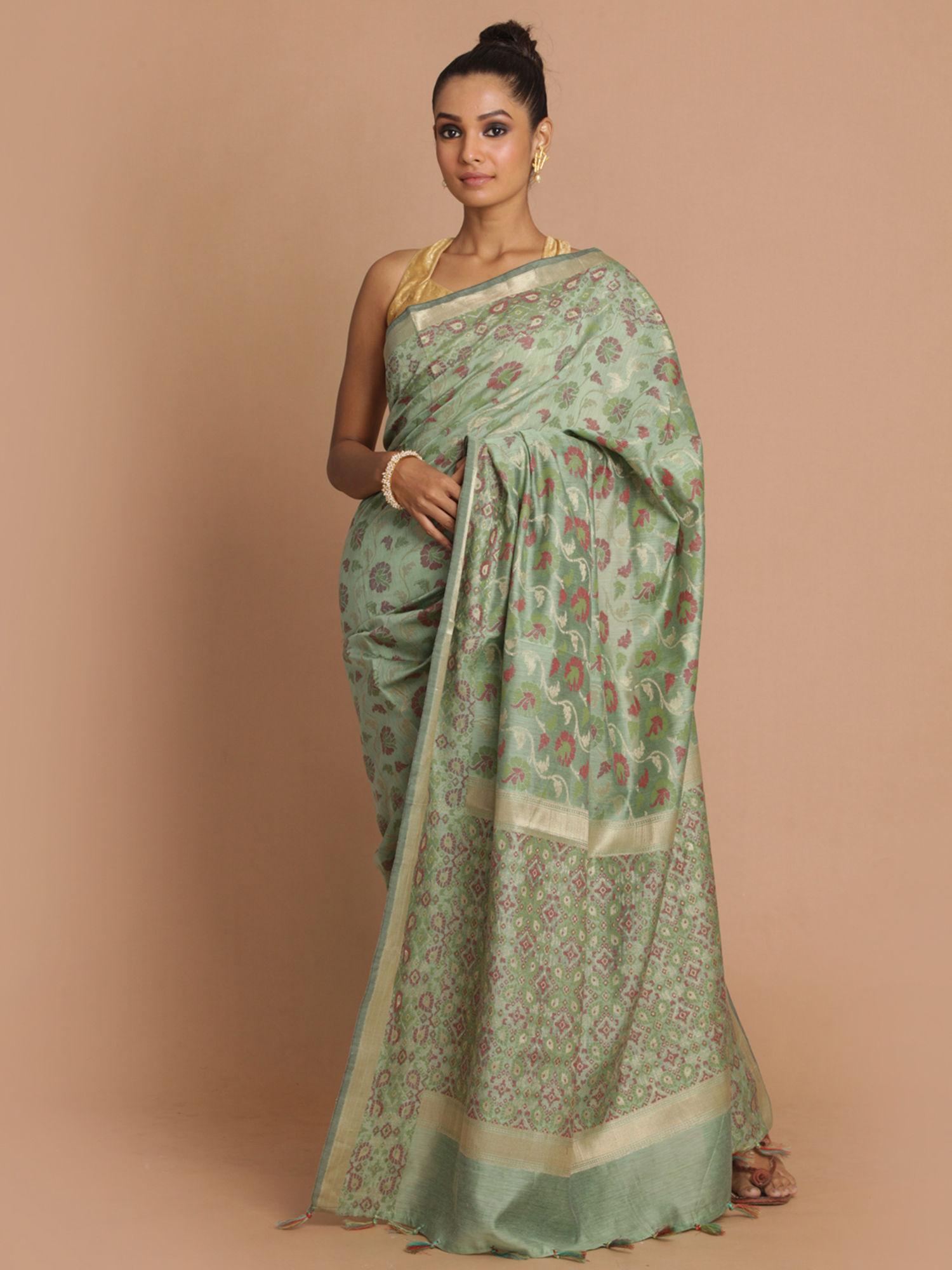 banarasi green woven design festive wear saree with unstitched blouse