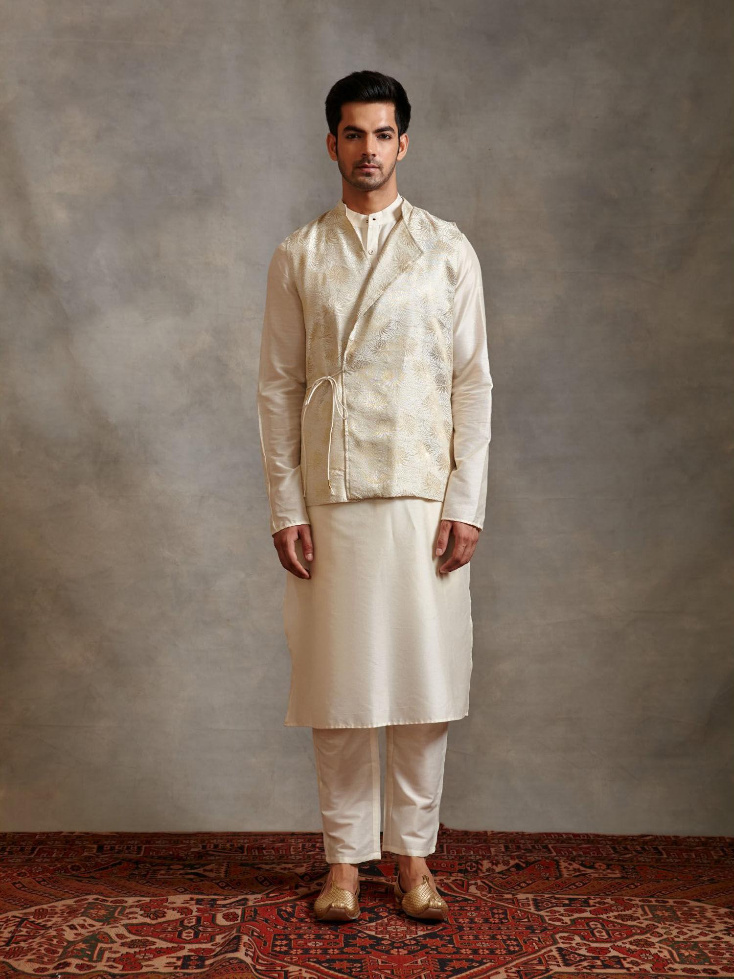 banarasi kurta with overlapped zari jacket & ankle pants ivory (set of 3)