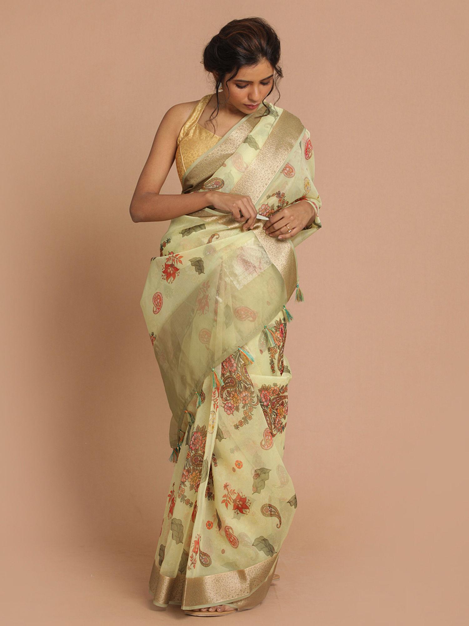 banarasi lime green printed party wear saree with unstitched blouse