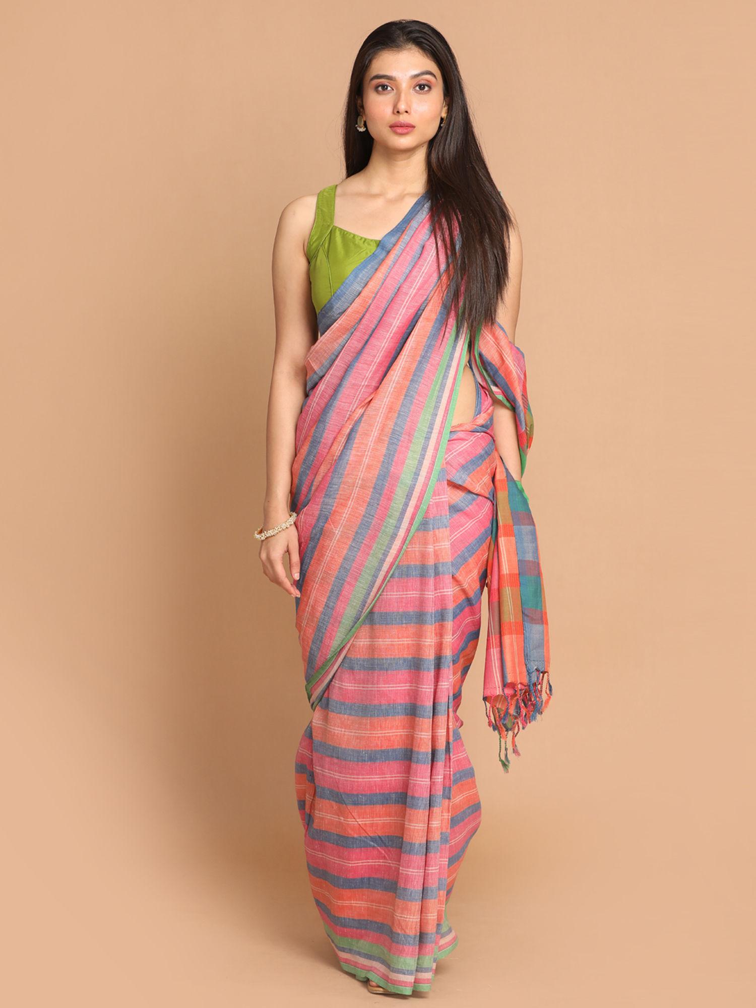 banarasi multi color blocked daily wear saree with unstitched blouse