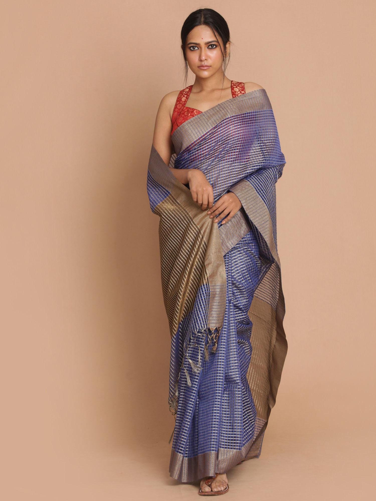 banarasi navy blue checked daily wear saree with unstitched blouse