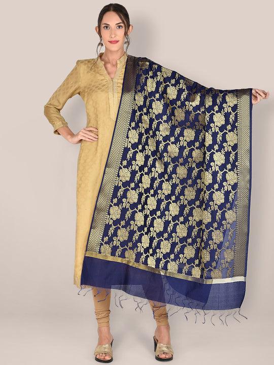 banarasi navy blue silk dupatta with floral jaal
