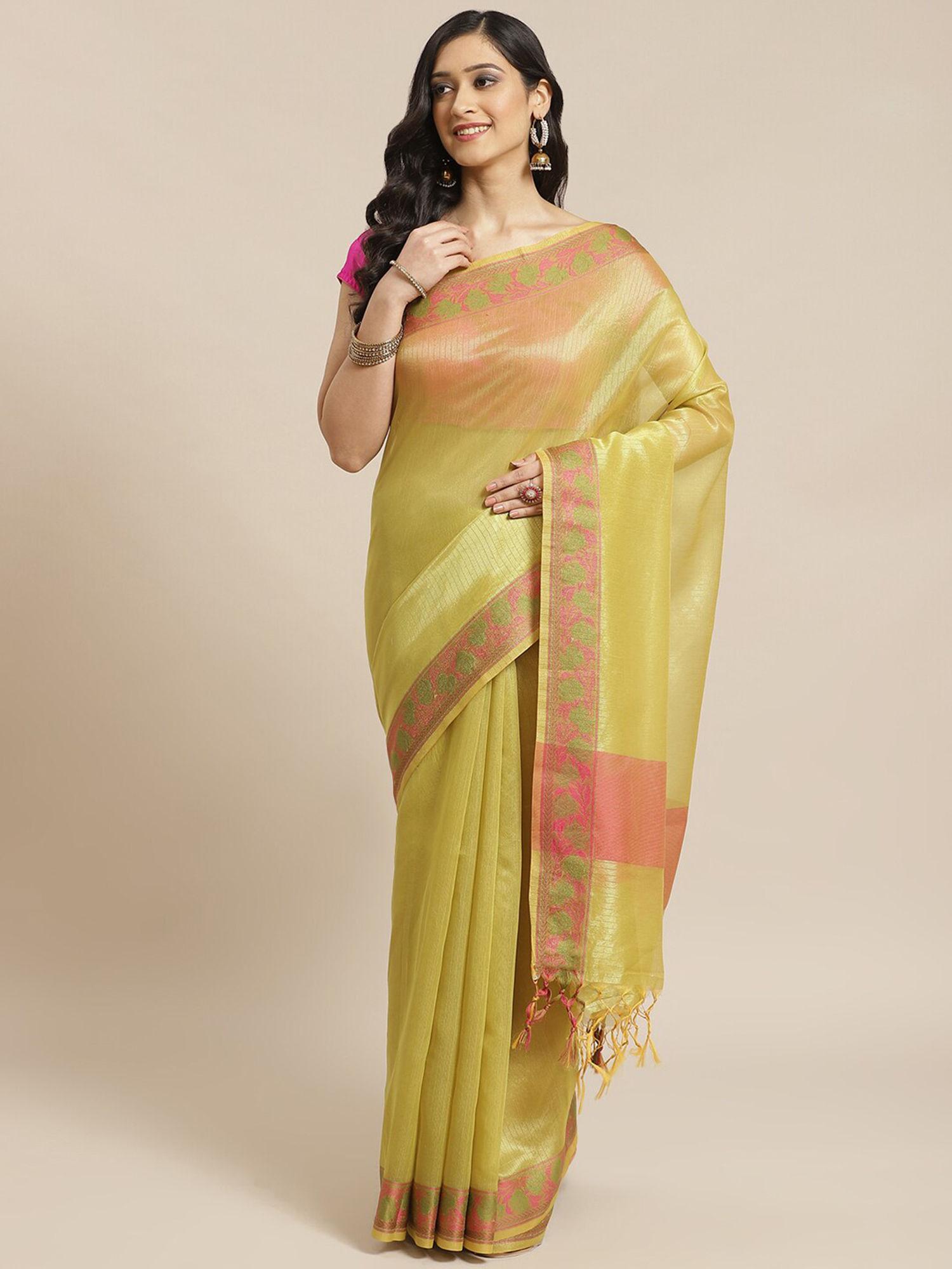 banarasi olive woven design work wear saree with unstitched blouse