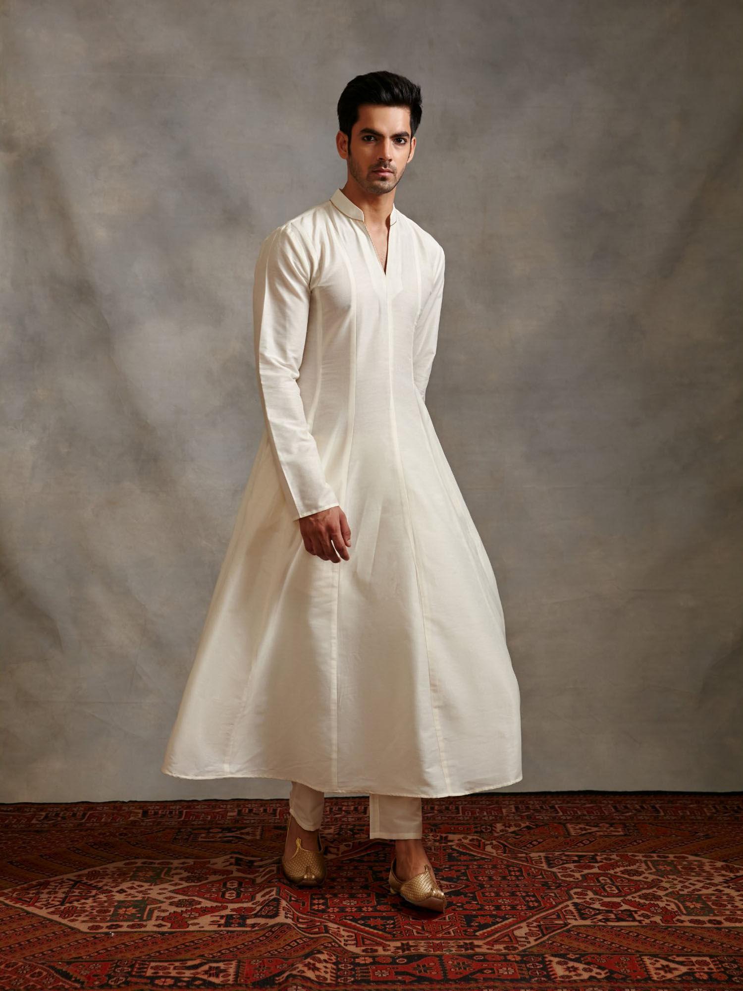 banarasi paneled anarkali kurta with straight pants pearl white (set of 2)