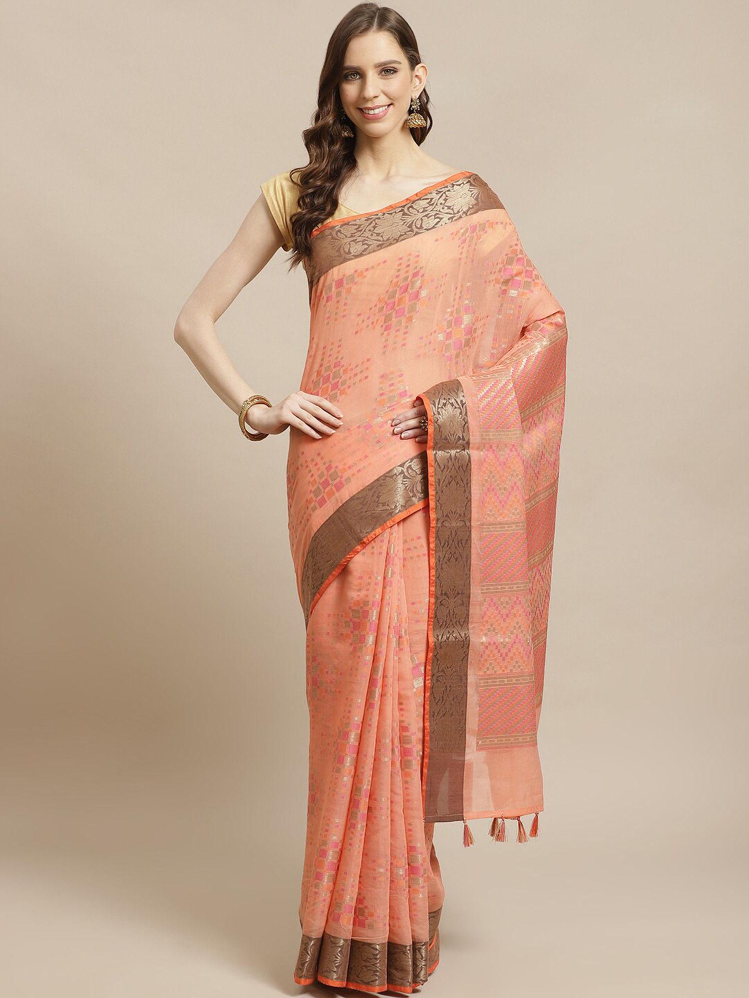 banarasi peach woven design daily wear saree with unstitched blouse