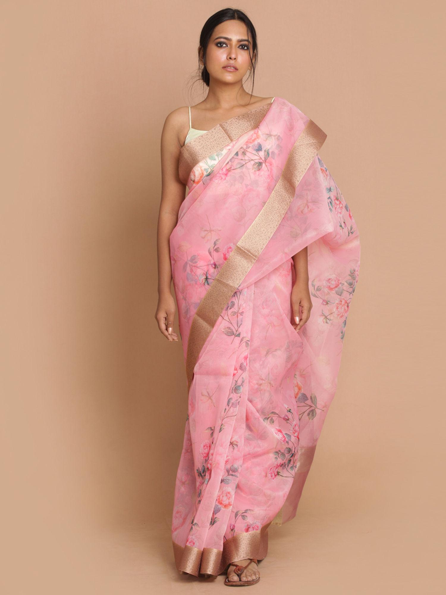 banarasi pink printed party wear saree with unstitched blouse