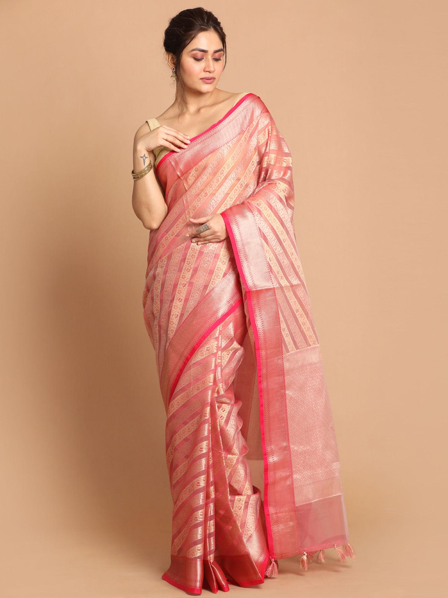 banarasi pink strioes party wear saree with unstitched blouse