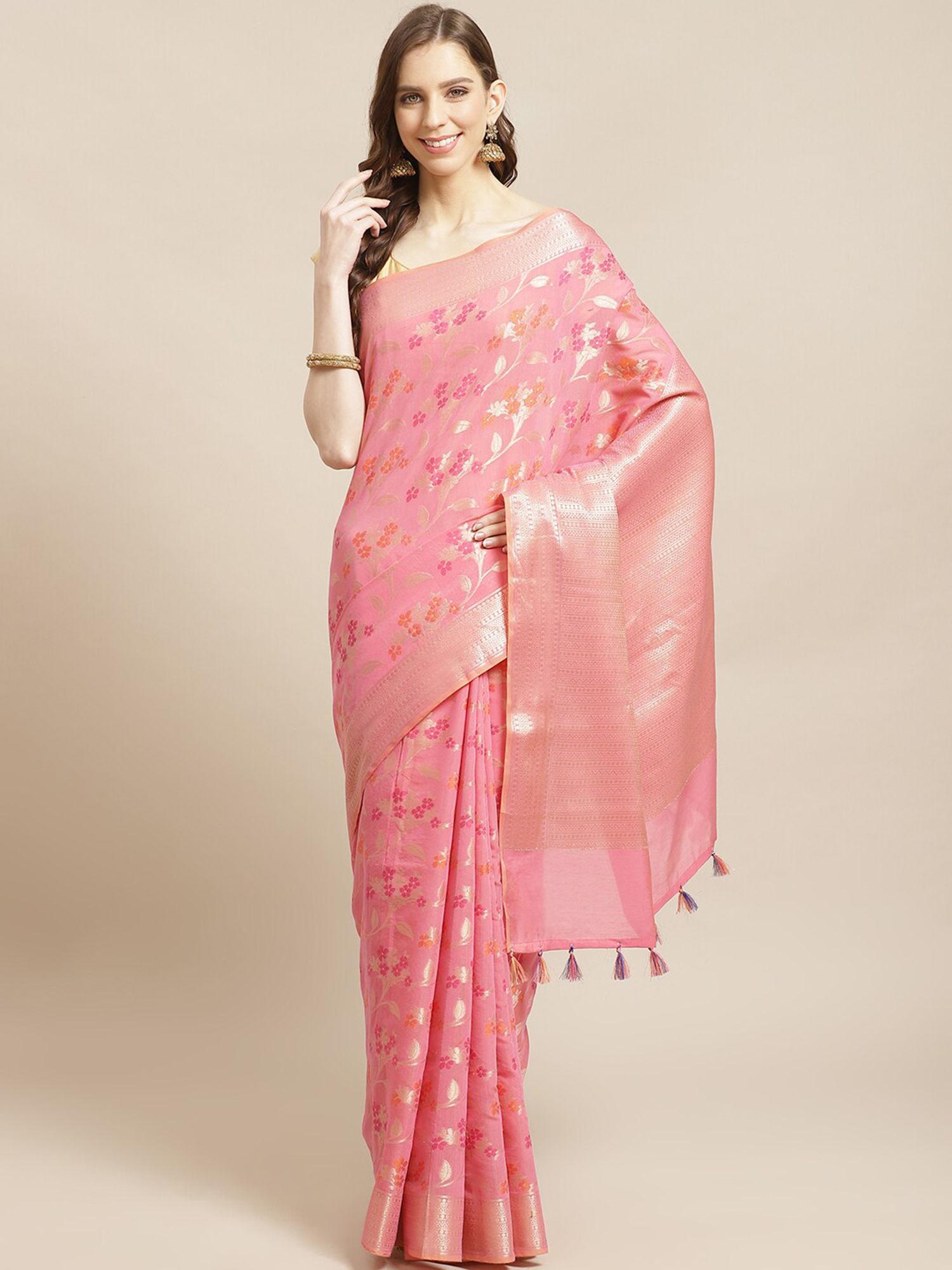 banarasi pink woven design daily wear saree with unstitched blouse