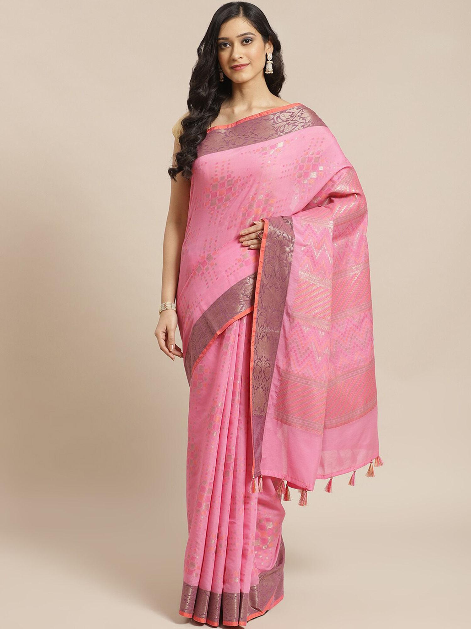 banarasi pink woven design daily wear saree with unstitched blouse