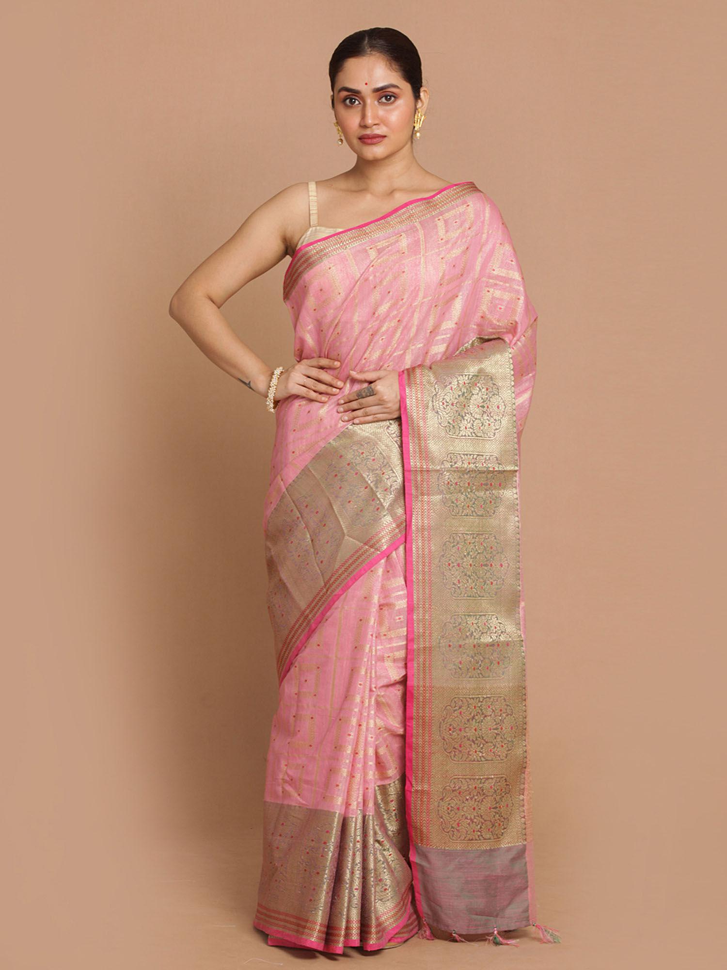 banarasi pink woven design festive wear saree with unstitched blouse