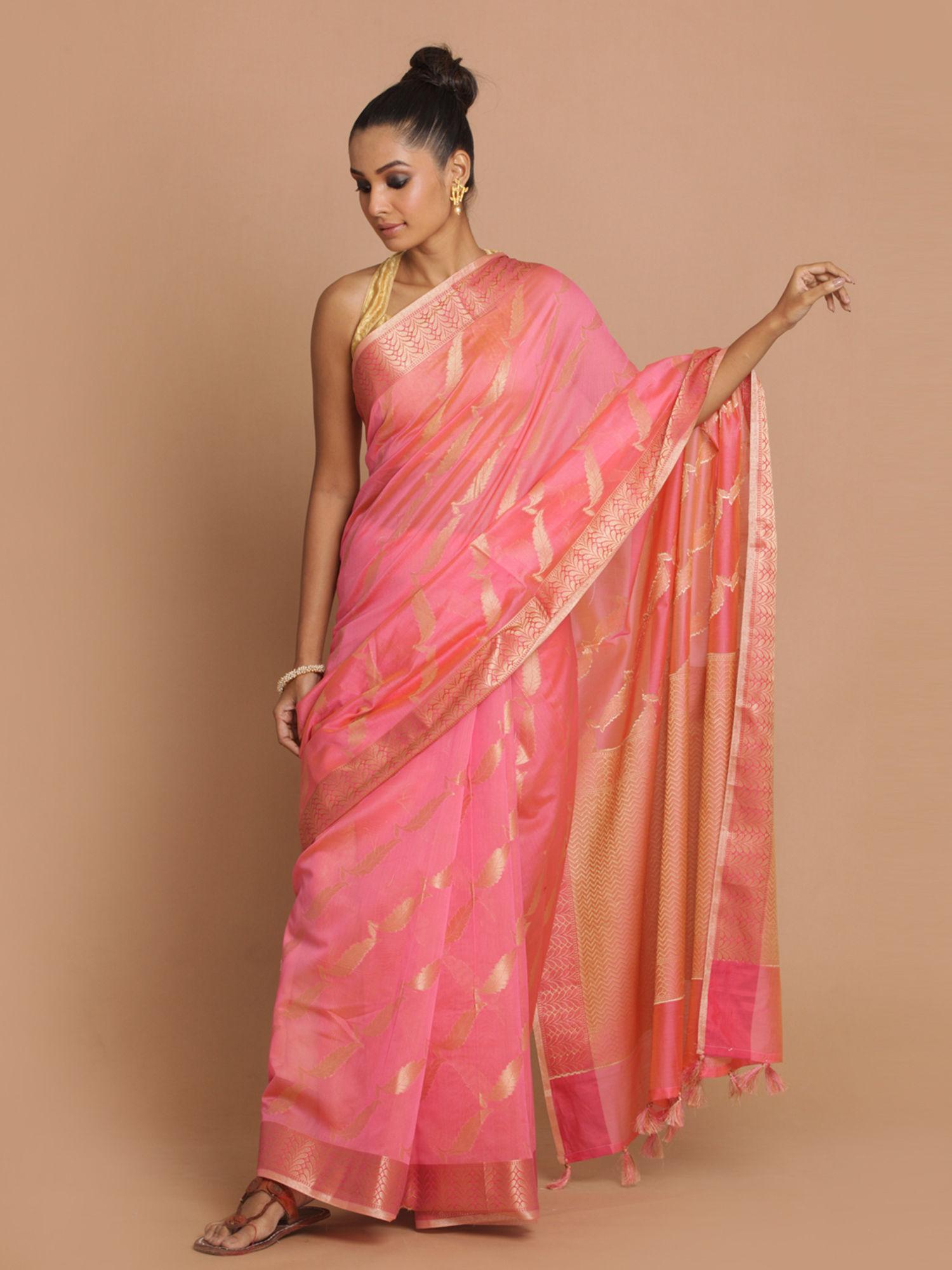 banarasi pink woven design party wear saree with unstitched blouse