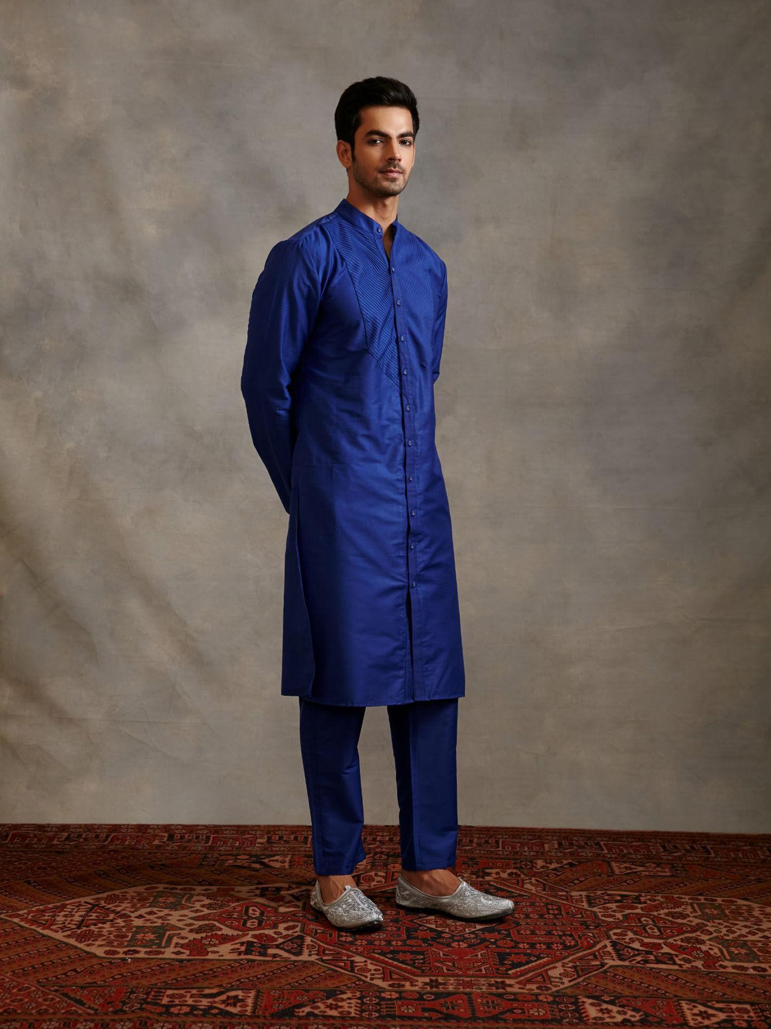 banarasi pintuck detail kurta with ankle pants imperial blue (set of 2)
