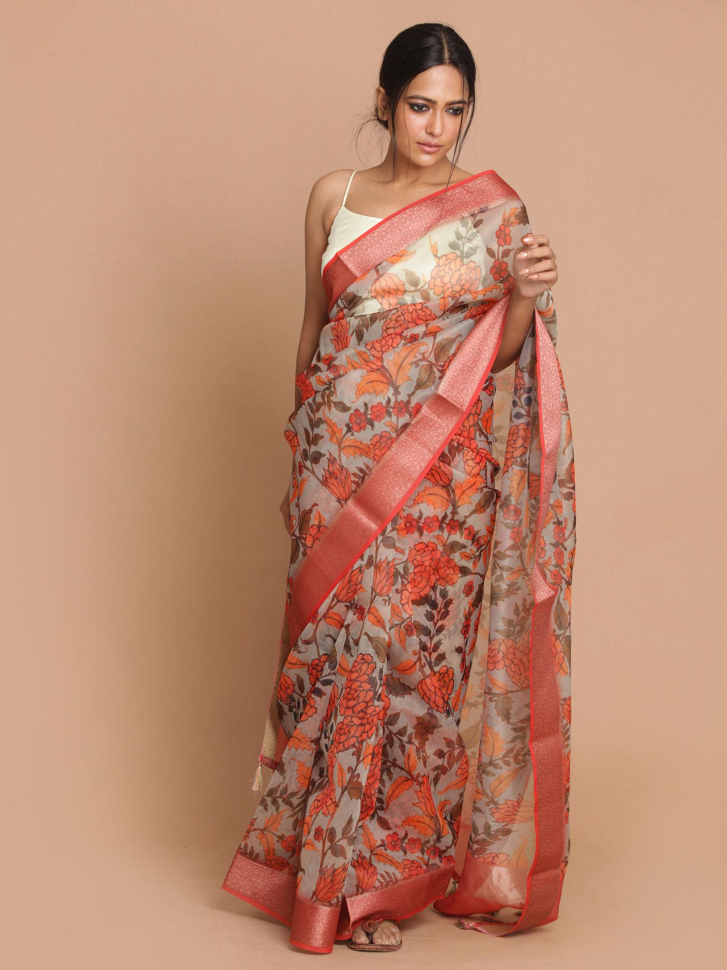 banarasi pista printed party wear saree with unstitched blouse