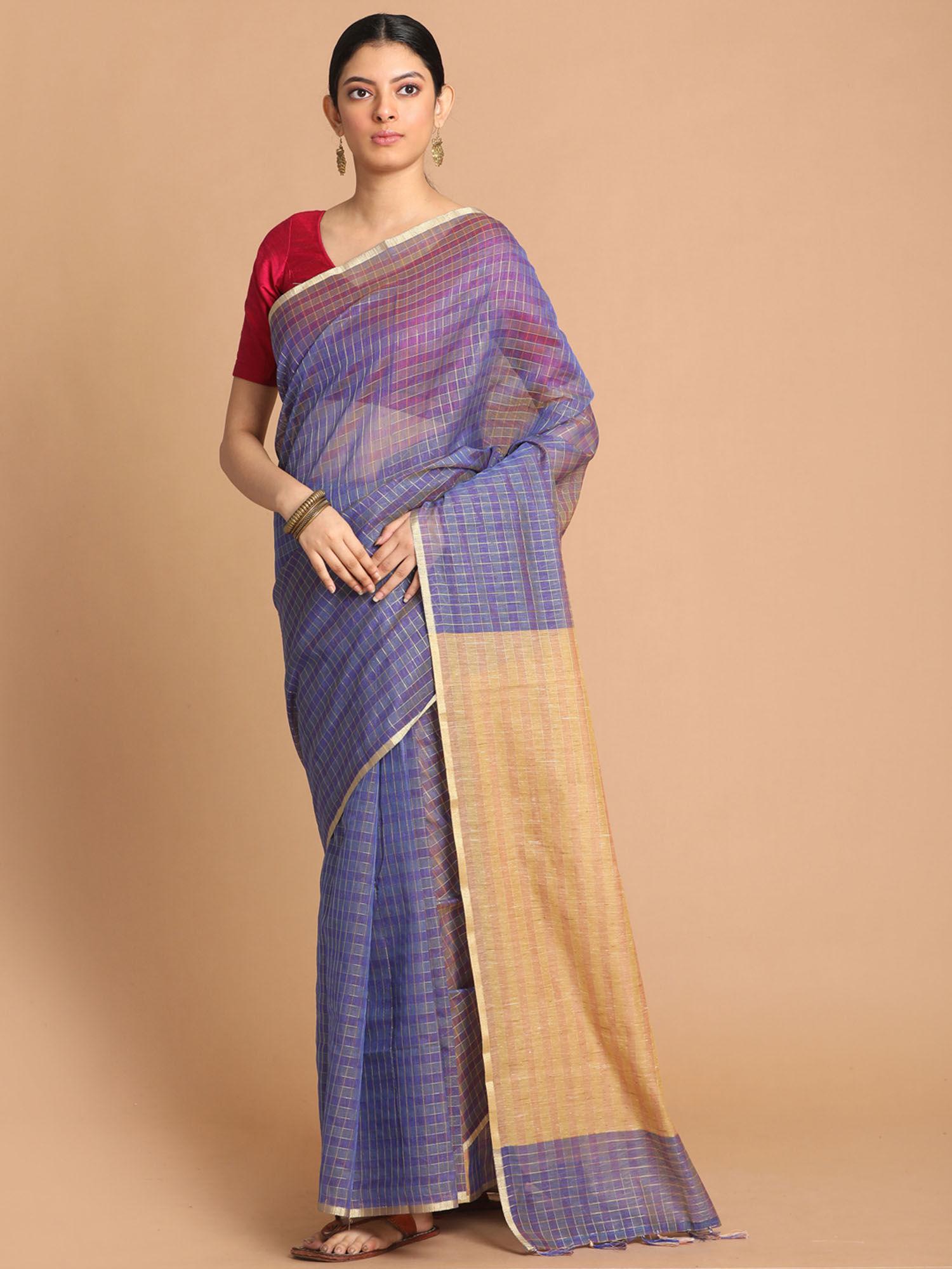 banarasi purple checked daily wear saree with unstitched blouse