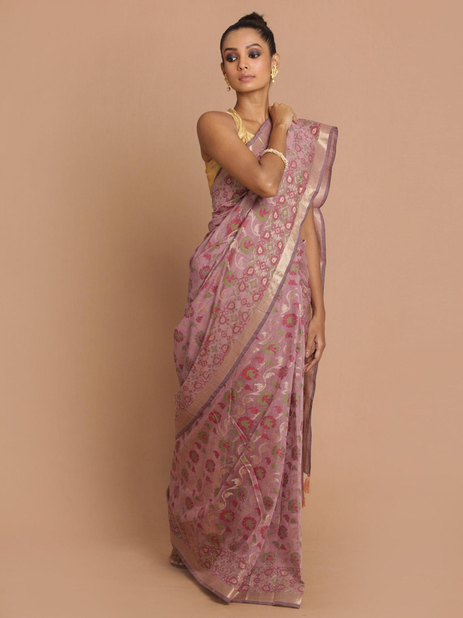 banarasi purple woven design festive wear saree with unstitched blouse