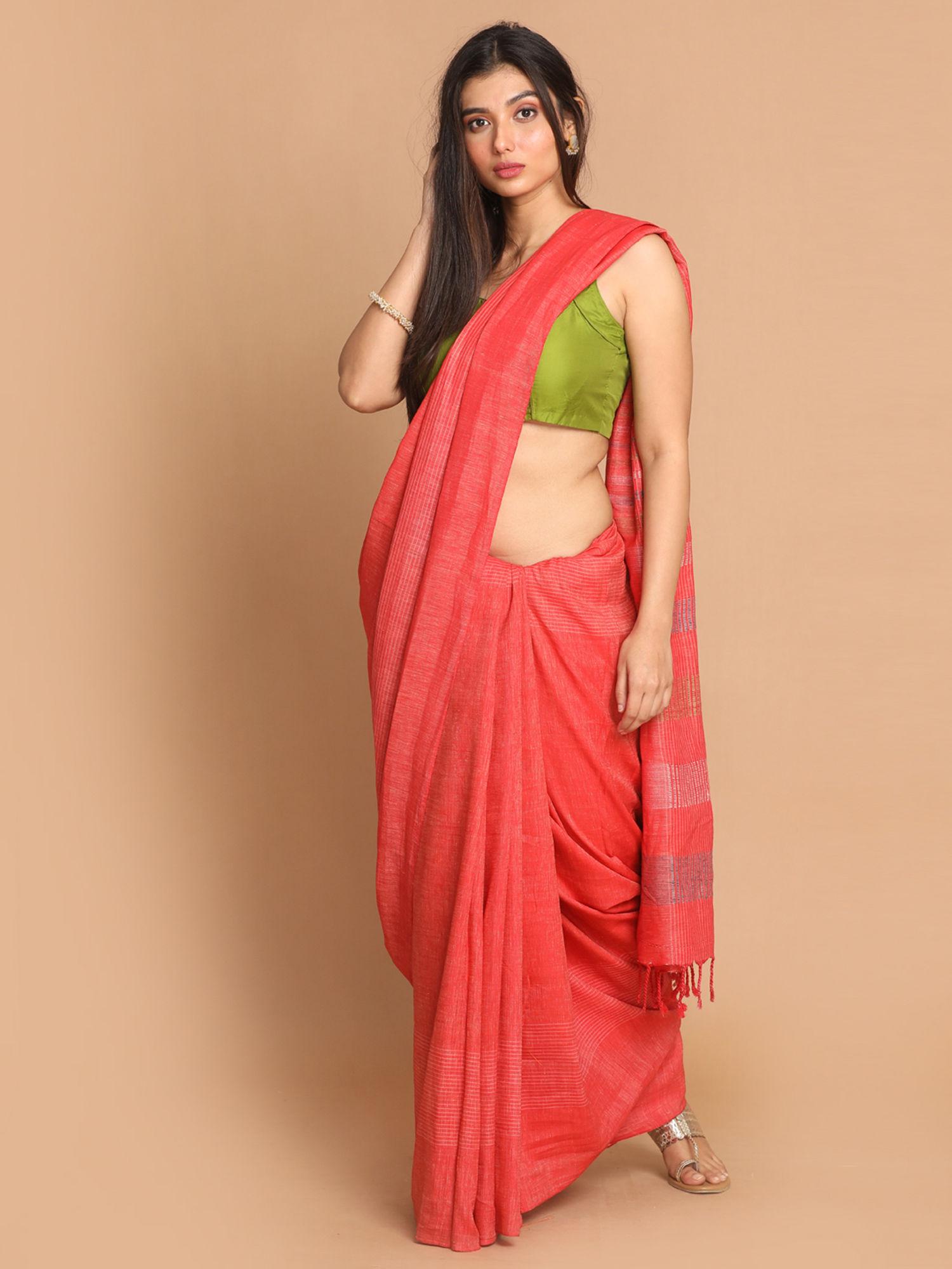 banarasi red solid daily wear saree with unstitched blouse