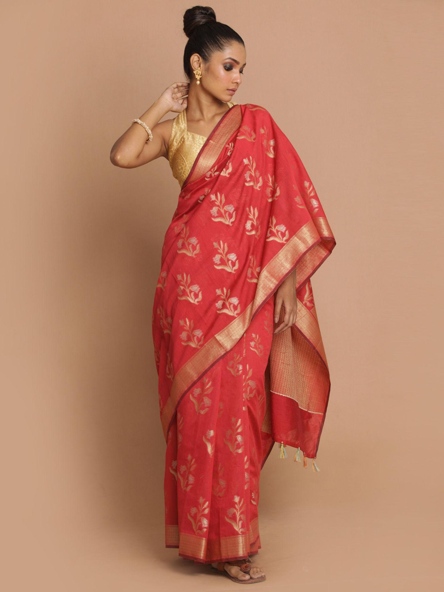 banarasi red woven design daily wear saree with unstitched blouse