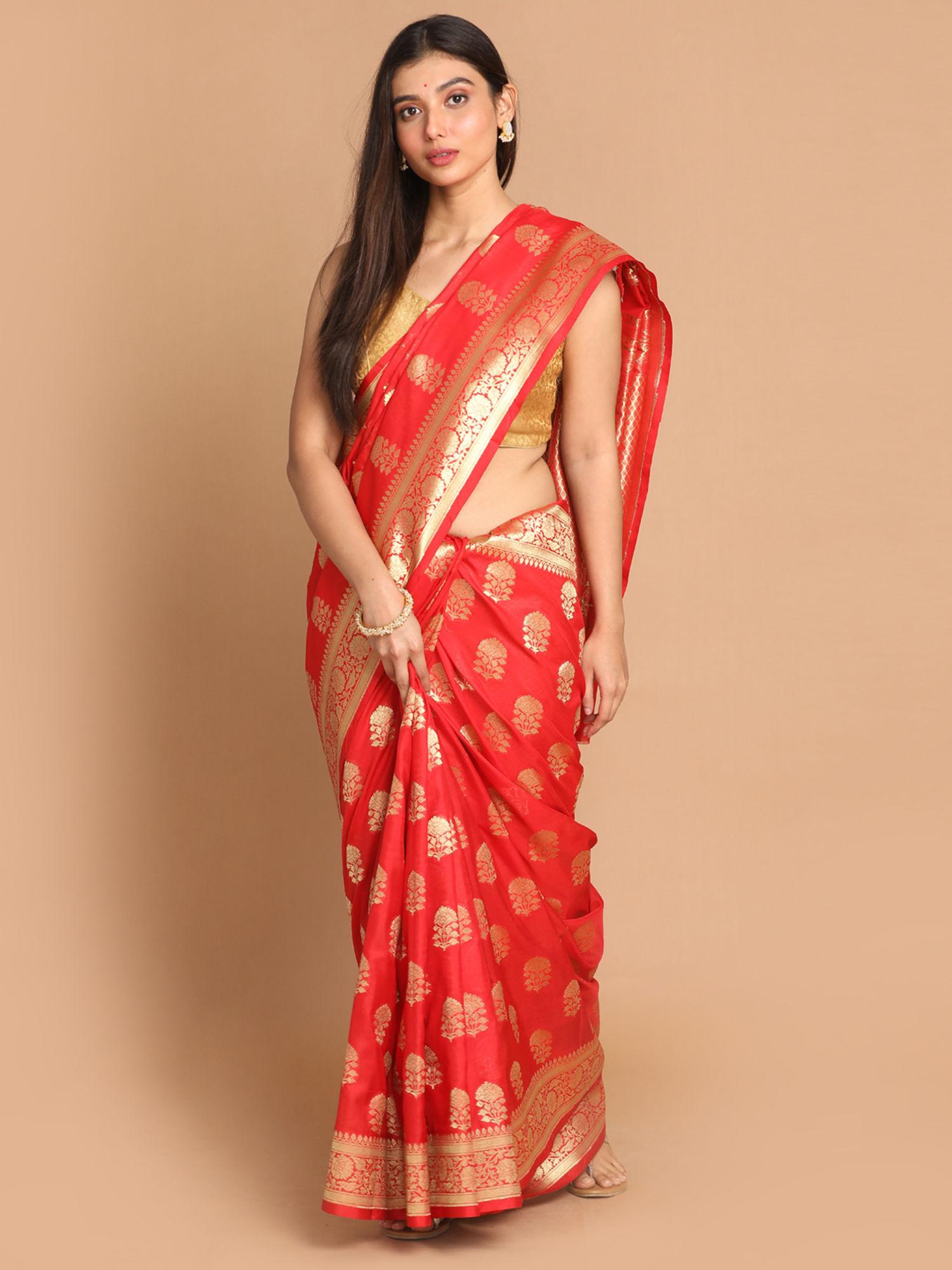 banarasi red woven design festive wear saree with unstitched blouse