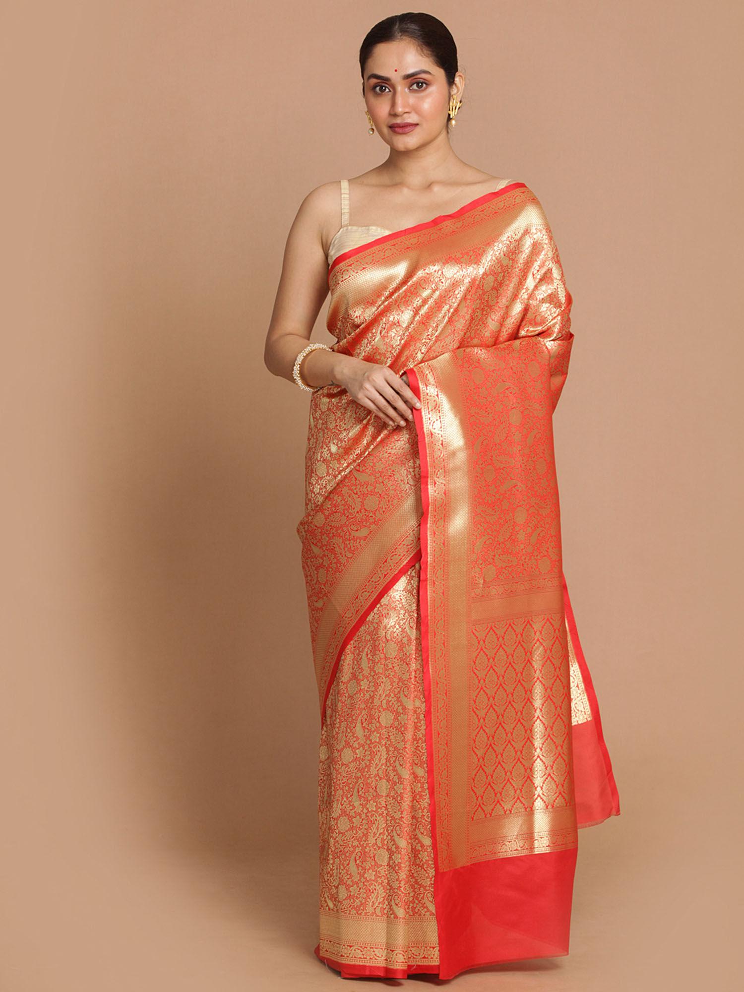 banarasi red woven design festive wear saree with unstitched blouse