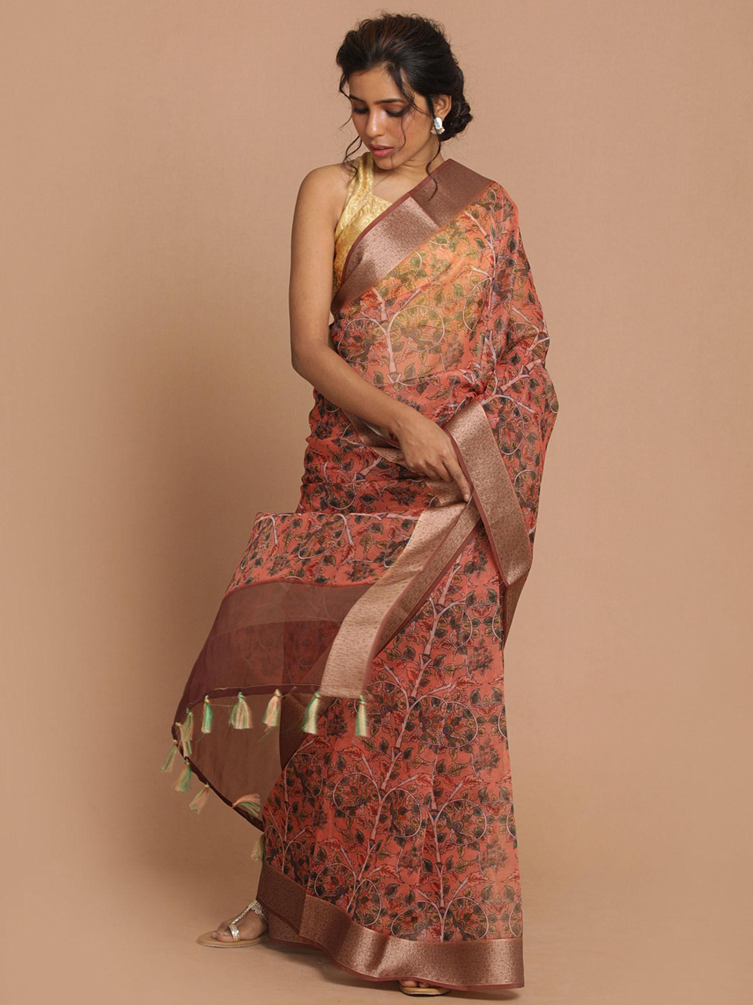 banarasi rust printed party wear saree with unstitched blouse