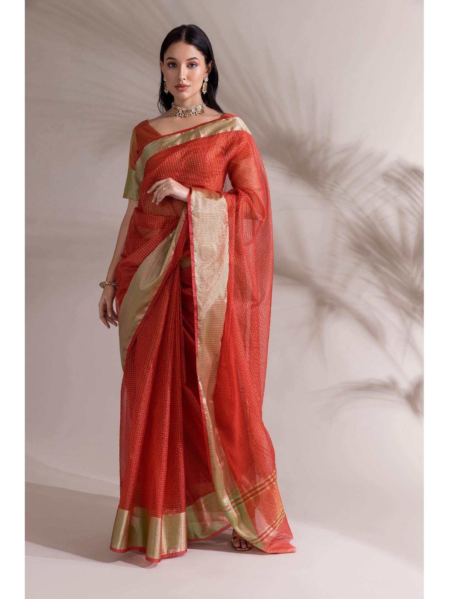 banarasi rust saree with unstitched blouse